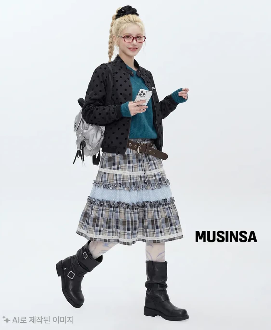 타입서비스 레이스 트림 러플드 체크 스커트 블루  상품이미지2