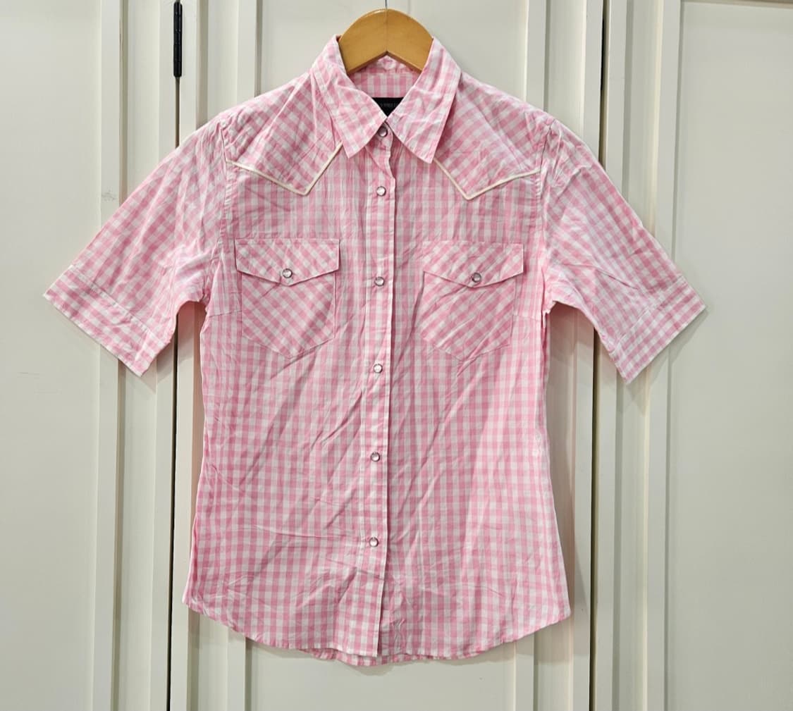 핑크 깅엄체크 반팔 셔츠 상품이미지1
