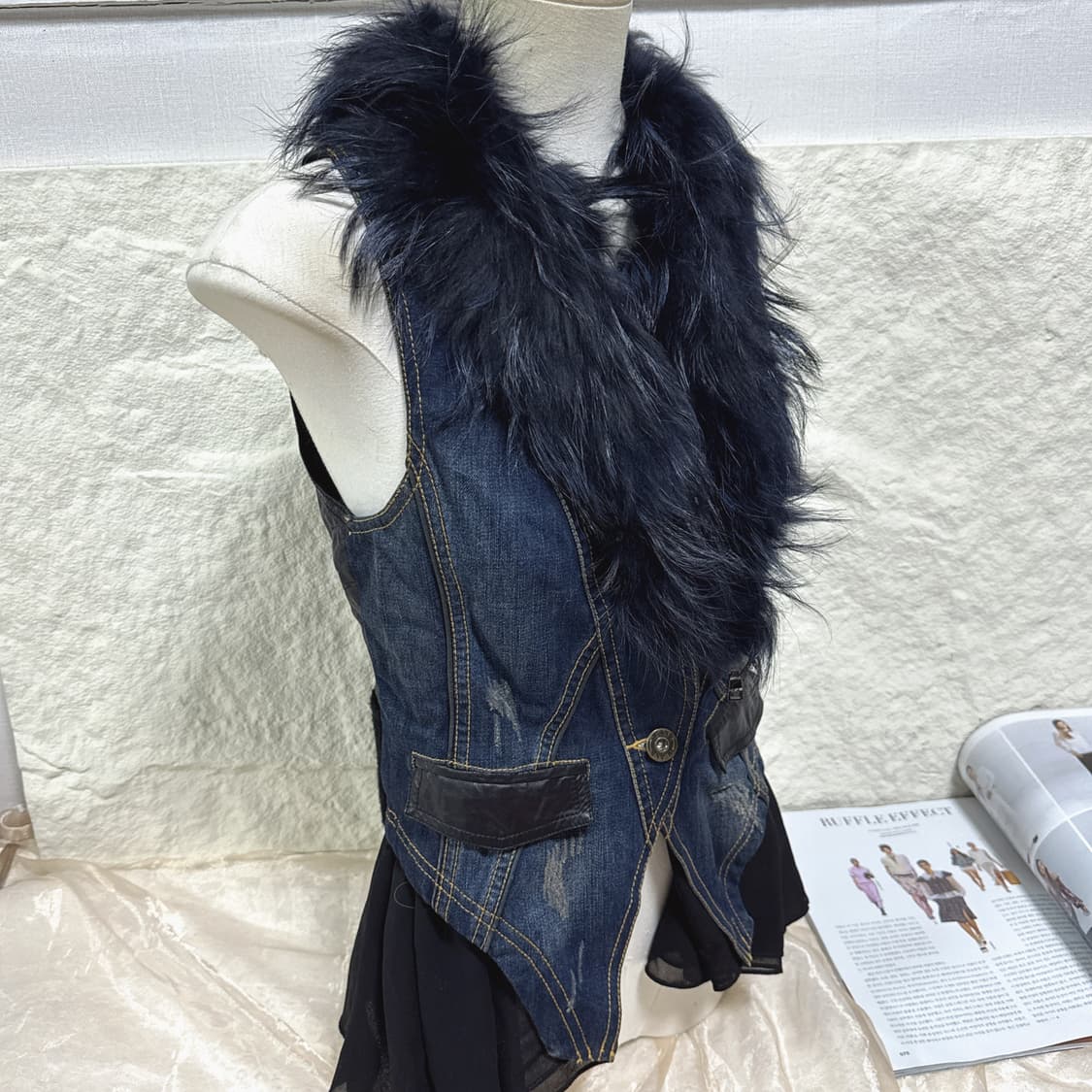 빈티지 고딕 워싱 데님 &양가죽&망사 라쿤퍼 조끼 베스트 상품이미지2