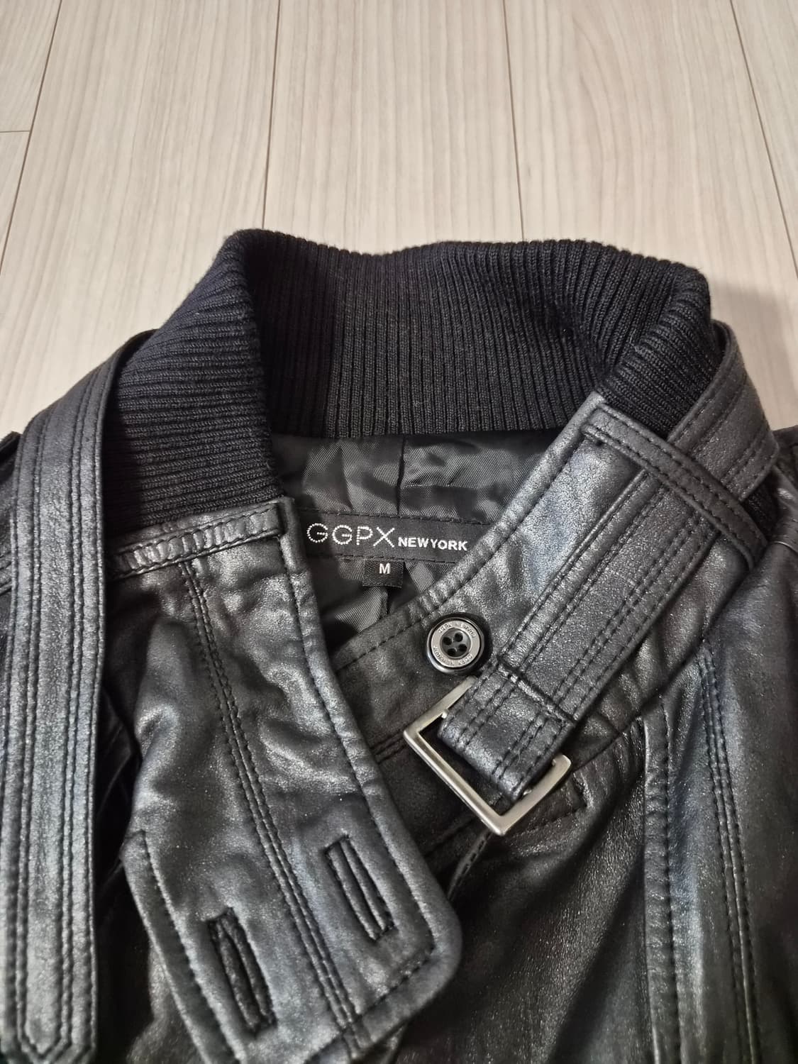 GGPX NEW YORK 벨티드 배색 가죽 자켓 (사이즈 M) 상품이미지4