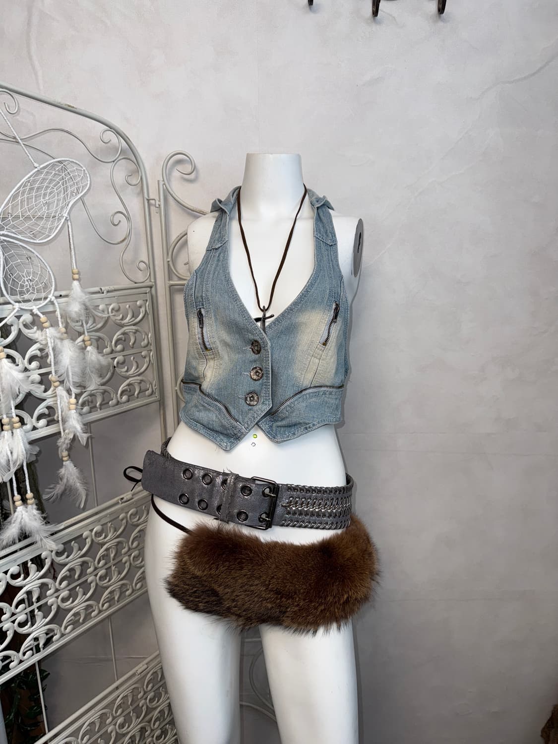 Washing denim crop hood button vest 상품이미지1