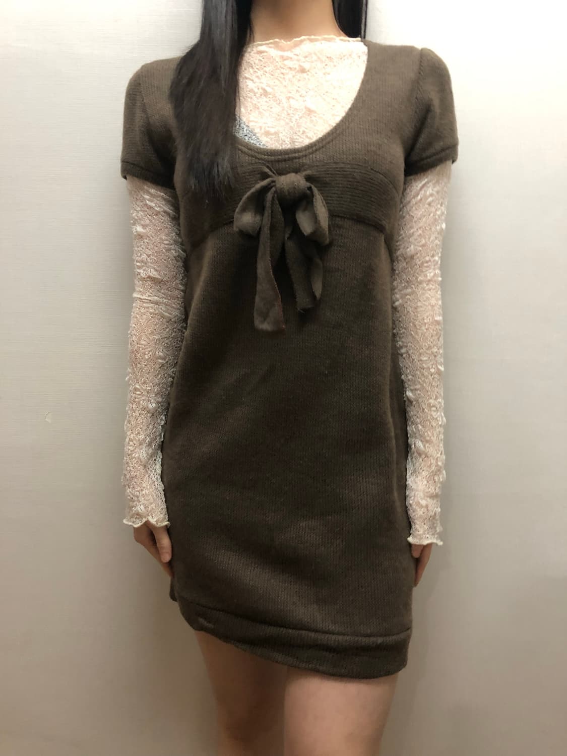 빈티지 브라운 리본 니트 원피스 상품이미지1