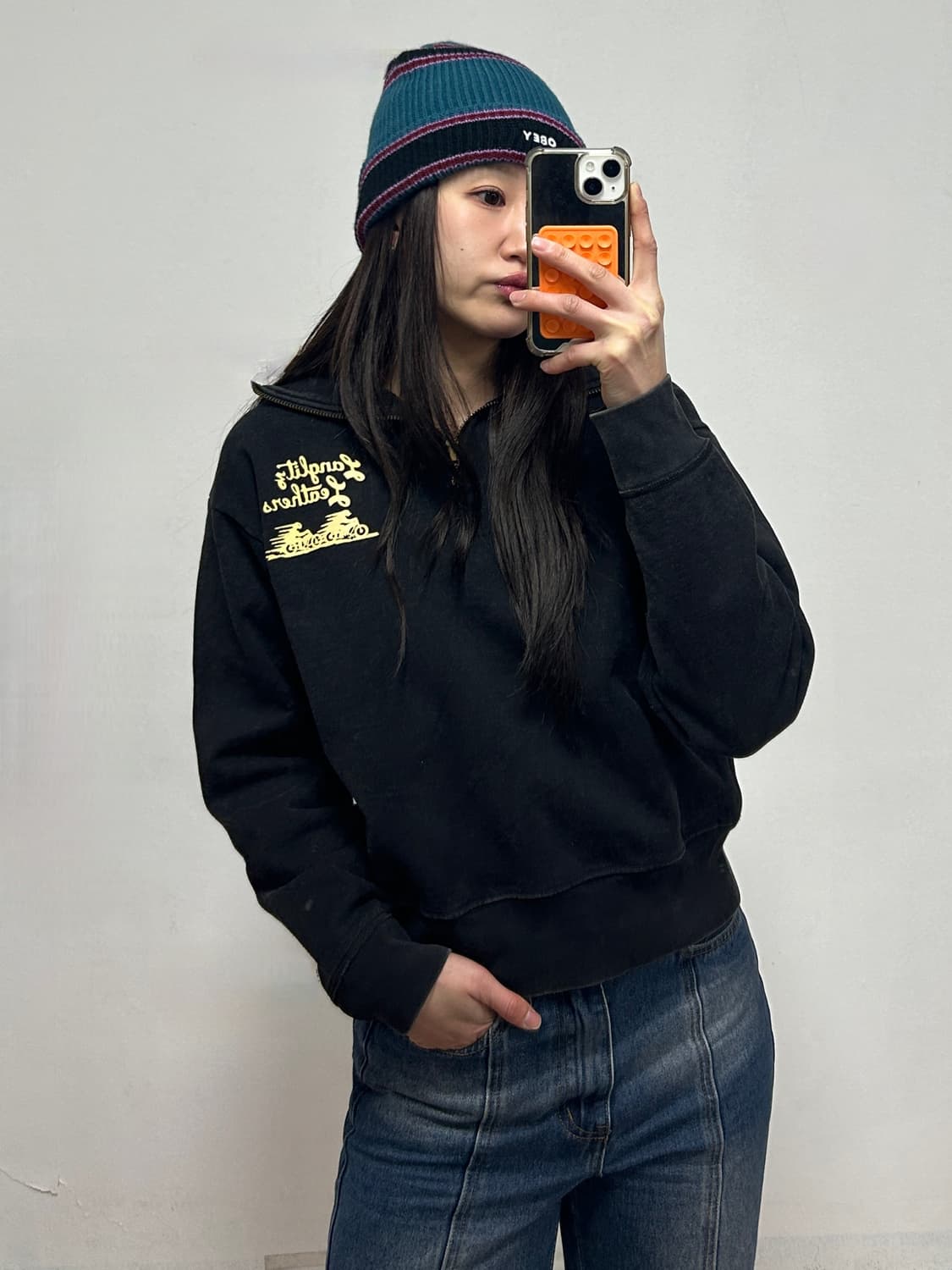 랑그리츠 레더스 빈티지 쿼터집업 스웻셔츠 맨투맨 블랙 상품이미지1