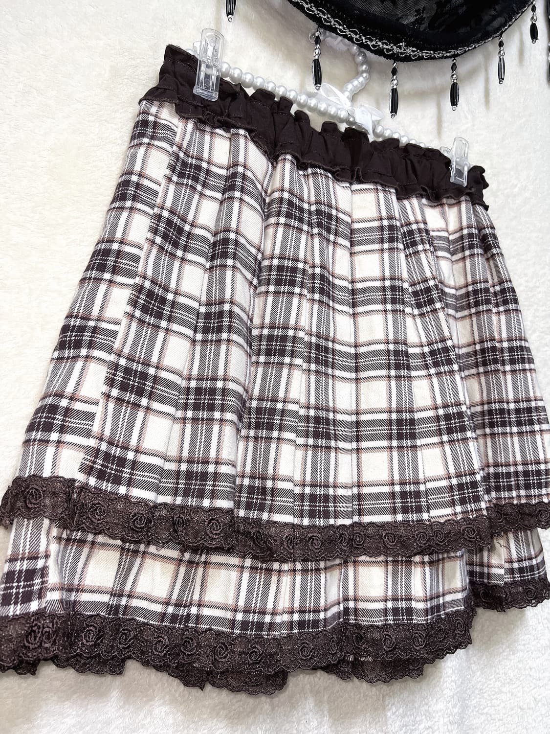 엑시즈팜 라떼갸루 초코 로맨틱 슈슈룬 브라운 레이스 체크스커트 핀터 상품이미지2