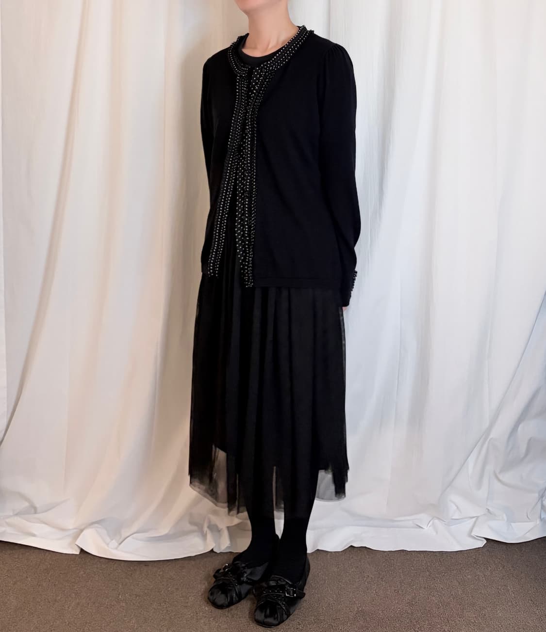 Dot Lace Trim Cardigan – Black 상품이미지3