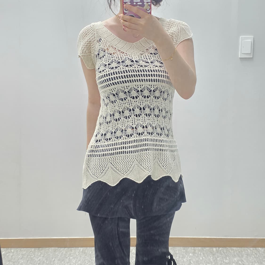 빈티지)스즈코모리걸st 고전 아이보리 크로셰 뜨개 로맨틱글리터니트블라우스 상품이미지3