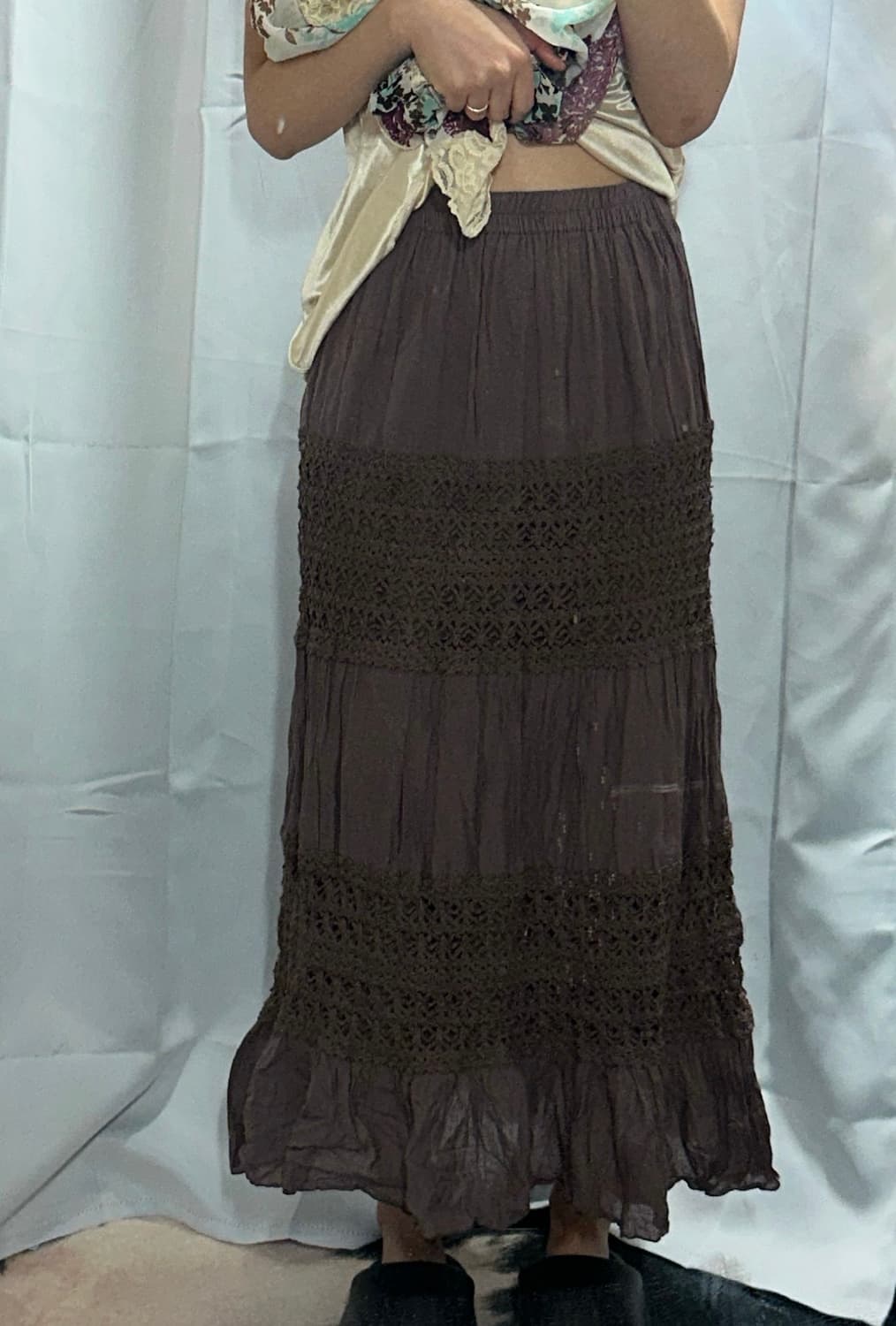 모리 원 옵숄 니트 오리엔탈 레이스 원피스 뮤트 퍼플 크로셰 스커트 코디 상품이미지5