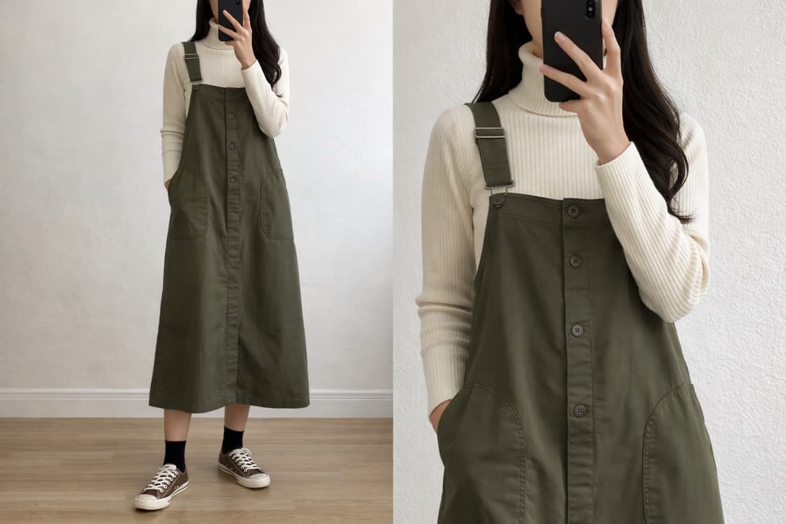 JPN/카키 워크웨어 점퍼스커트/안감있는 서스펜더 원피스 M 상품이미지1