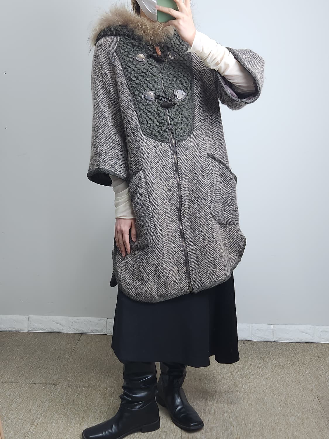 헤링본 라쿤 후드 자켓 상품이미지2