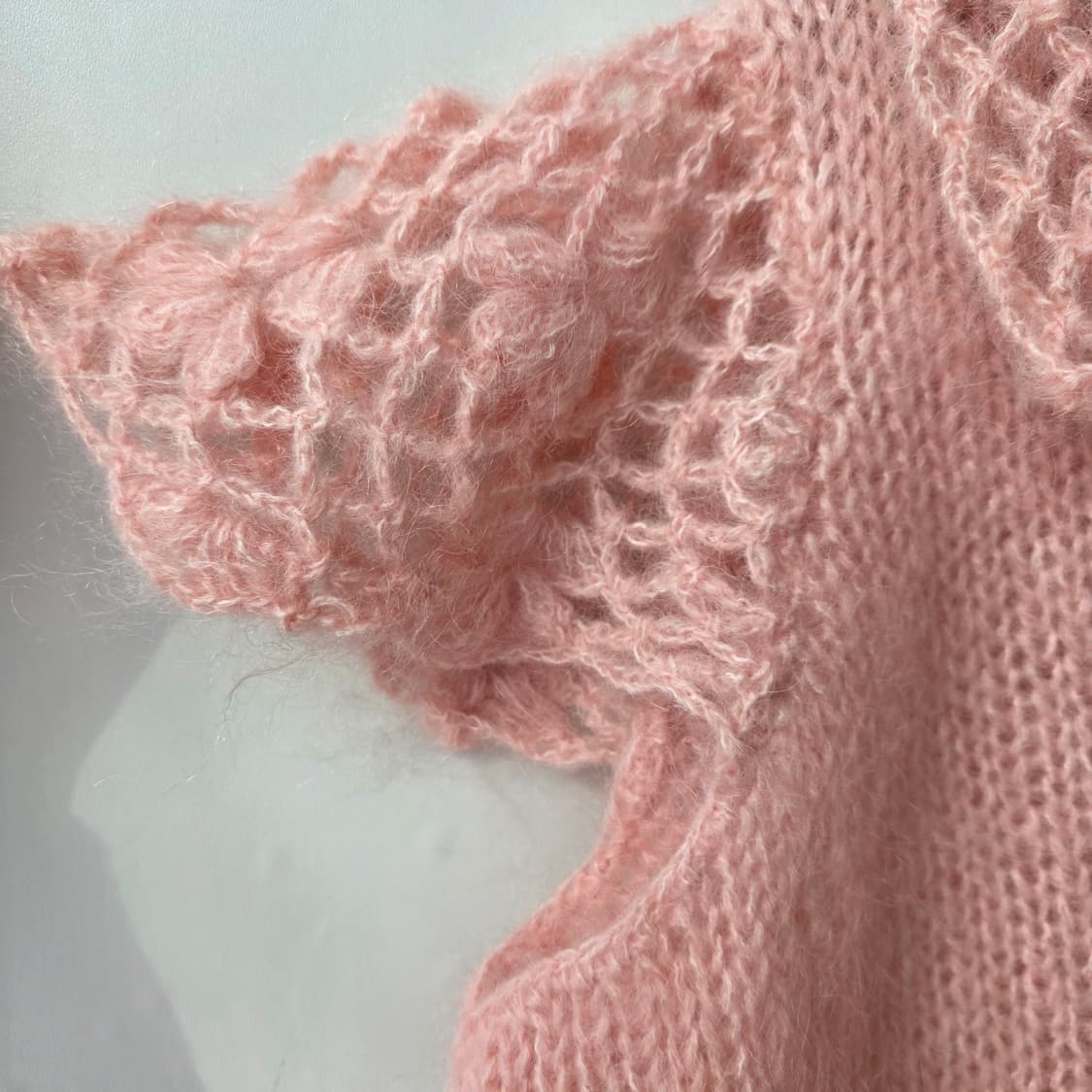 울 핑크 뜨개 크로셰 카라 캡소매 니트 가디건 상품이미지6