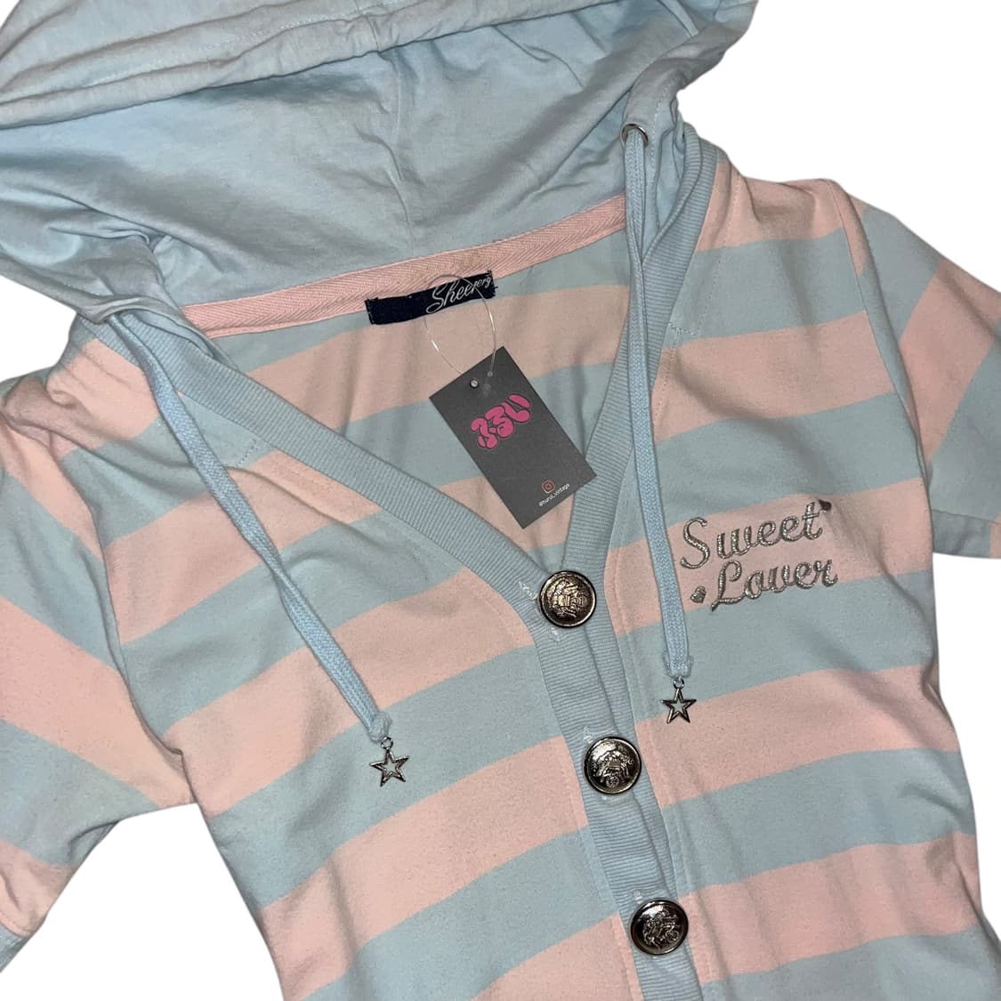 하늘핑크단가라 왕단추 후드 반팔 원피스 키치갸루y2k 상품이미지2