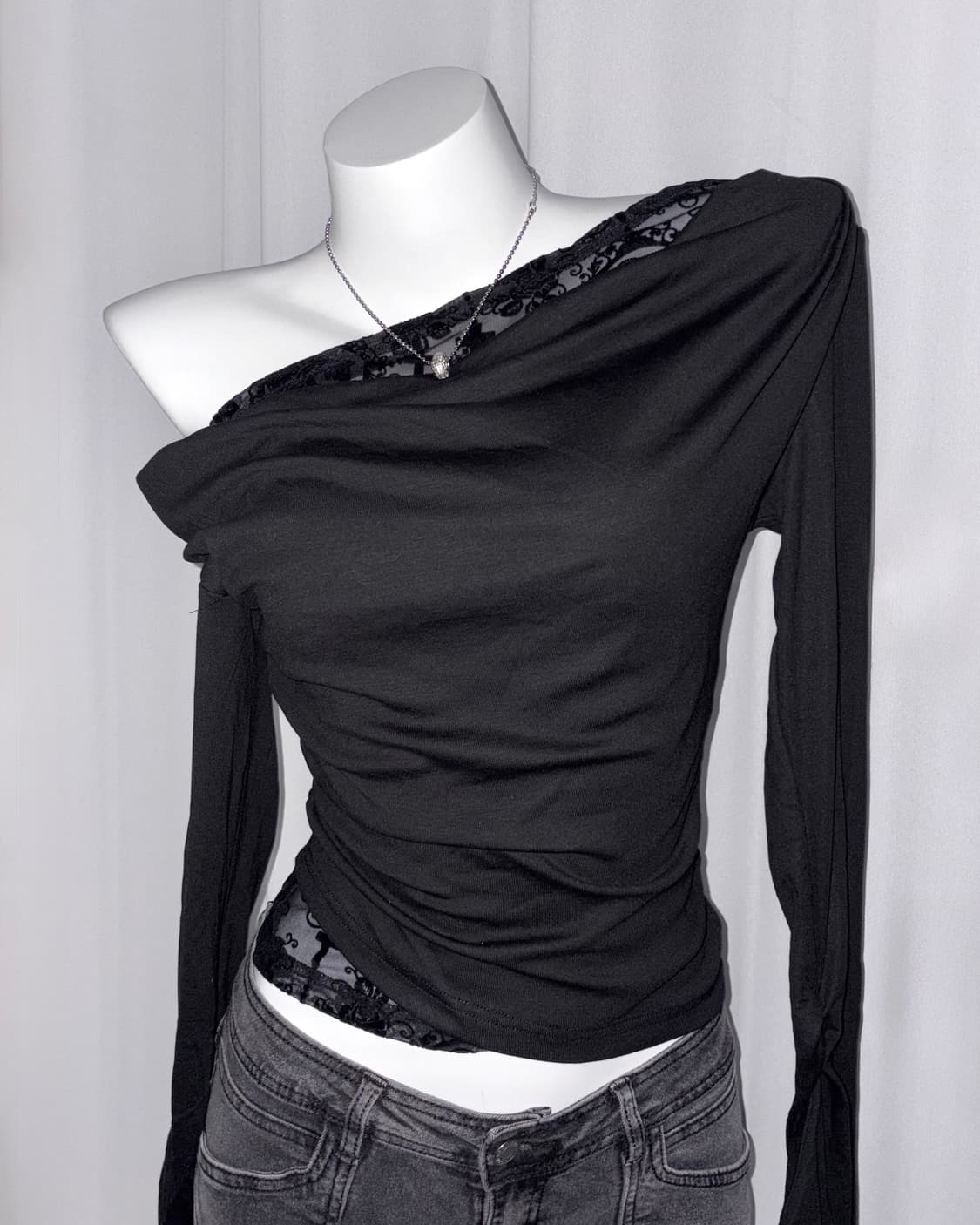 레이스 언발란스 오프숄더 일본 하라주쿠 쿠로갸루 st 상품이미지3