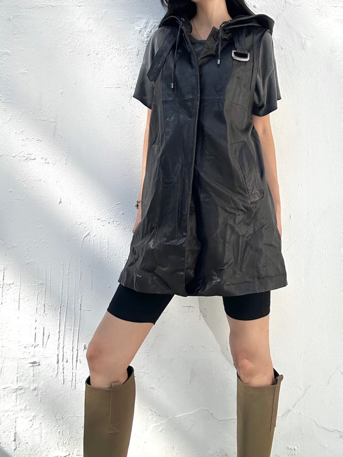 Hoody vest leather jacket / black 상품이미지3