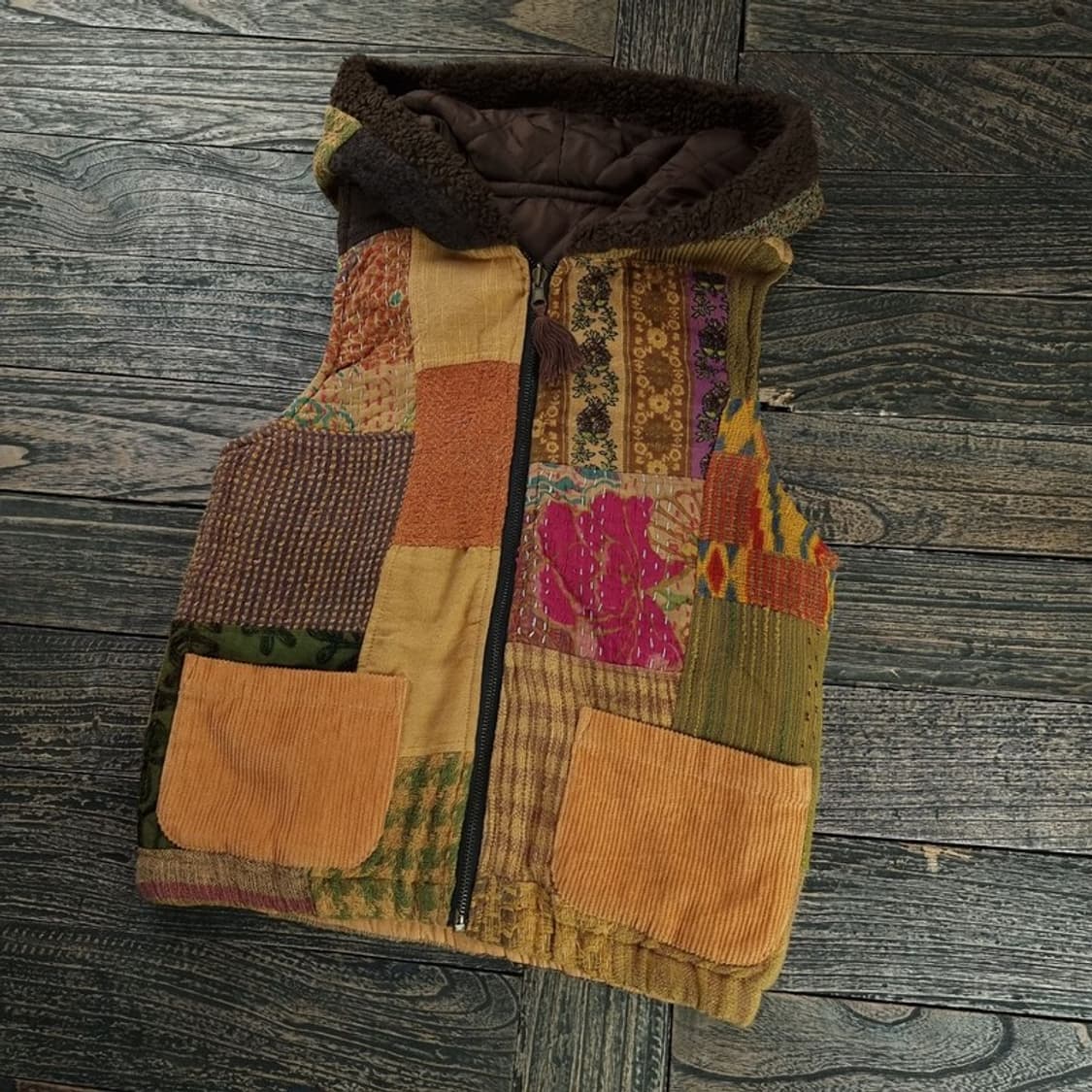 [일본빈티지] 에스닉 패턴 사시코 자수 후드 베스트 조끼 M18312 상품이미지1