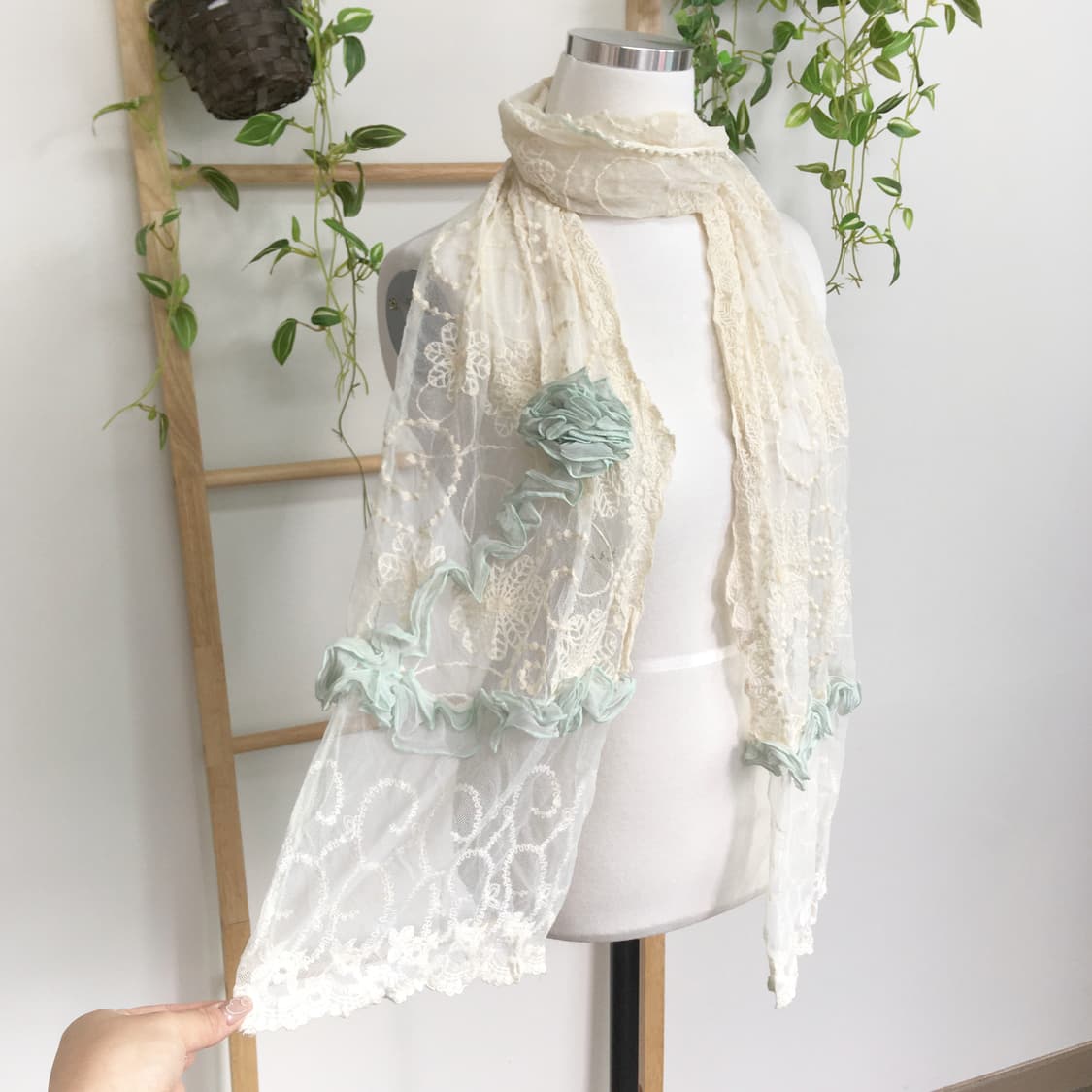 JPN/ 오리엔탈스카프 모리걸스카프 레이스 숄 아이보리 민트 장식  상품이미지5
