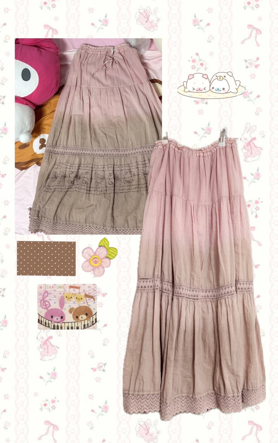 빈티지 모리걸 딸기 초코 핑크 그라데이션 롱스커트 상품이미지1