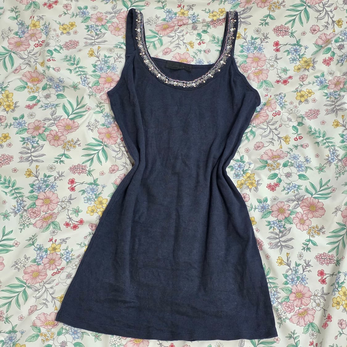 일본빈티지)네이비 오네갸루st 비즈장식 모리걸 y2k 슬리브리스민소매탑 상품이미지3