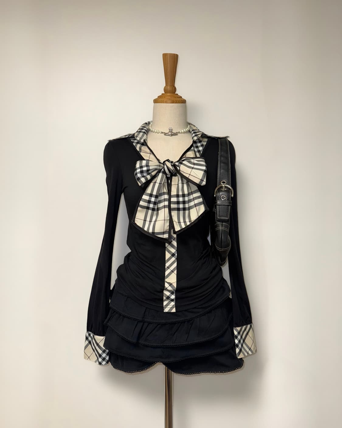 *레어* 핑크믹스 갸루 리본 체크 롱슬리브 상품이미지1