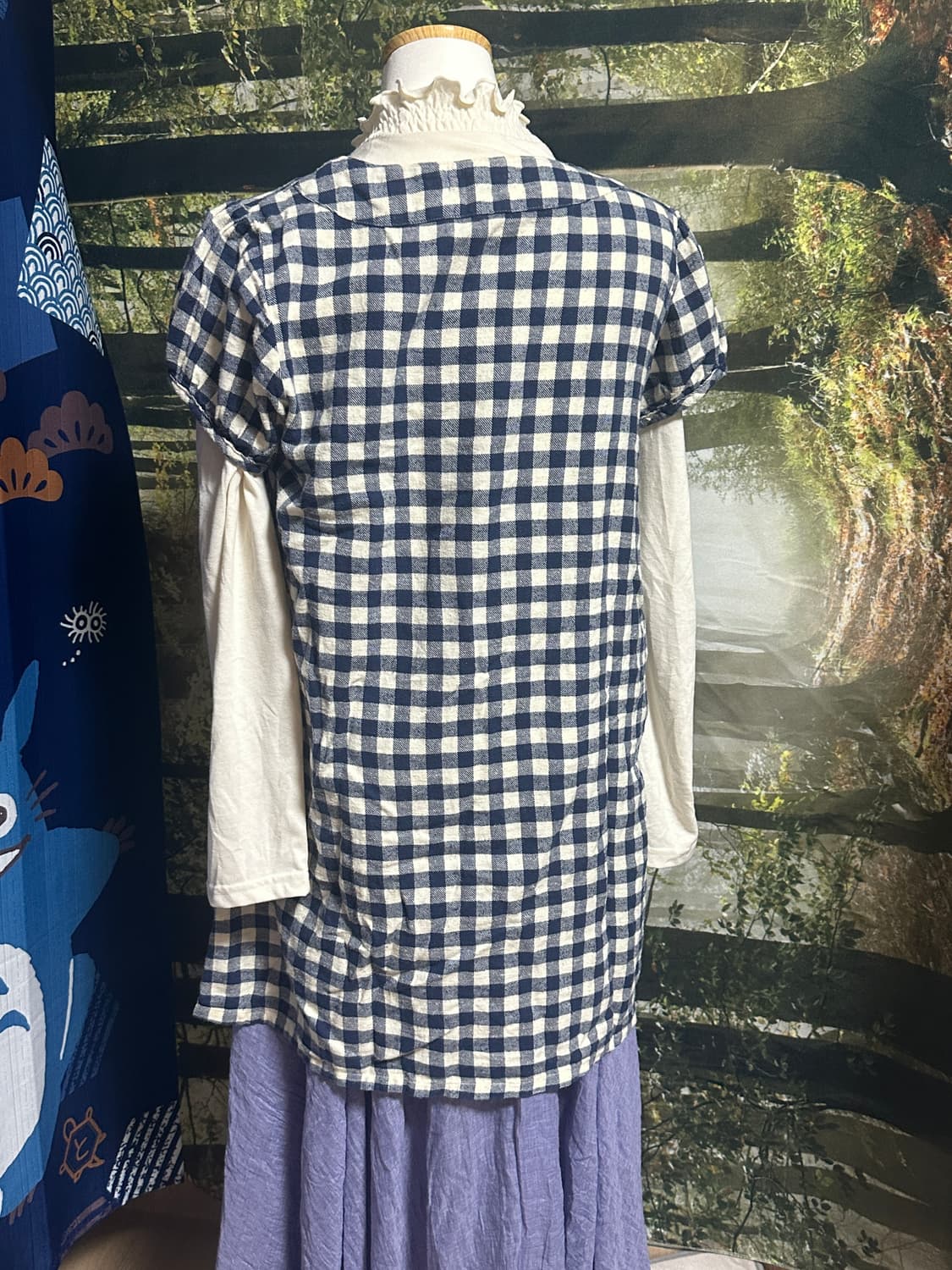 빈티지 네이비 바선생 퍼프 소매 우드 단추 튜닉 원피스 상품이미지6