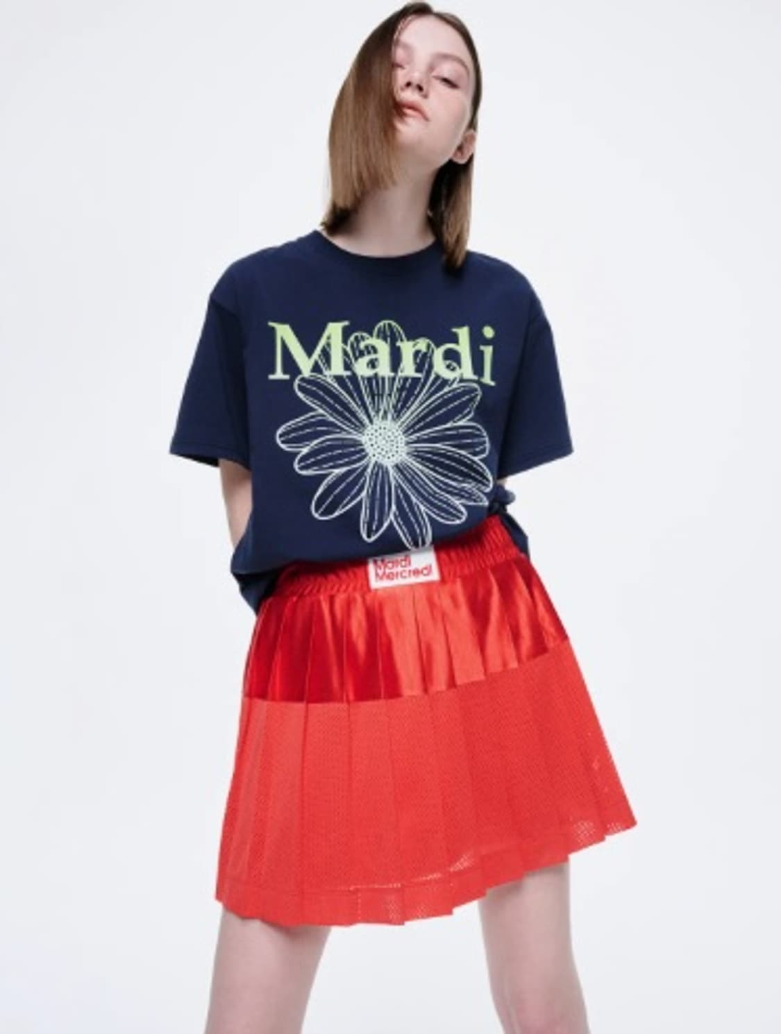 마르디 메크르디 새틴매쉬 플리츠 미니스커트 레드 F 상품이미지2