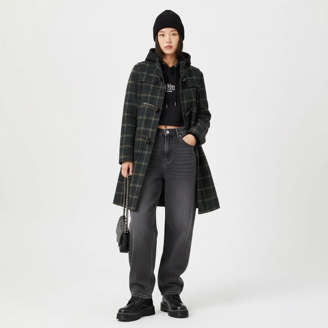 [82-94/44~55] 시스템 체크 더플 네이비 롱코트 여성 빈티지 상품이미지1