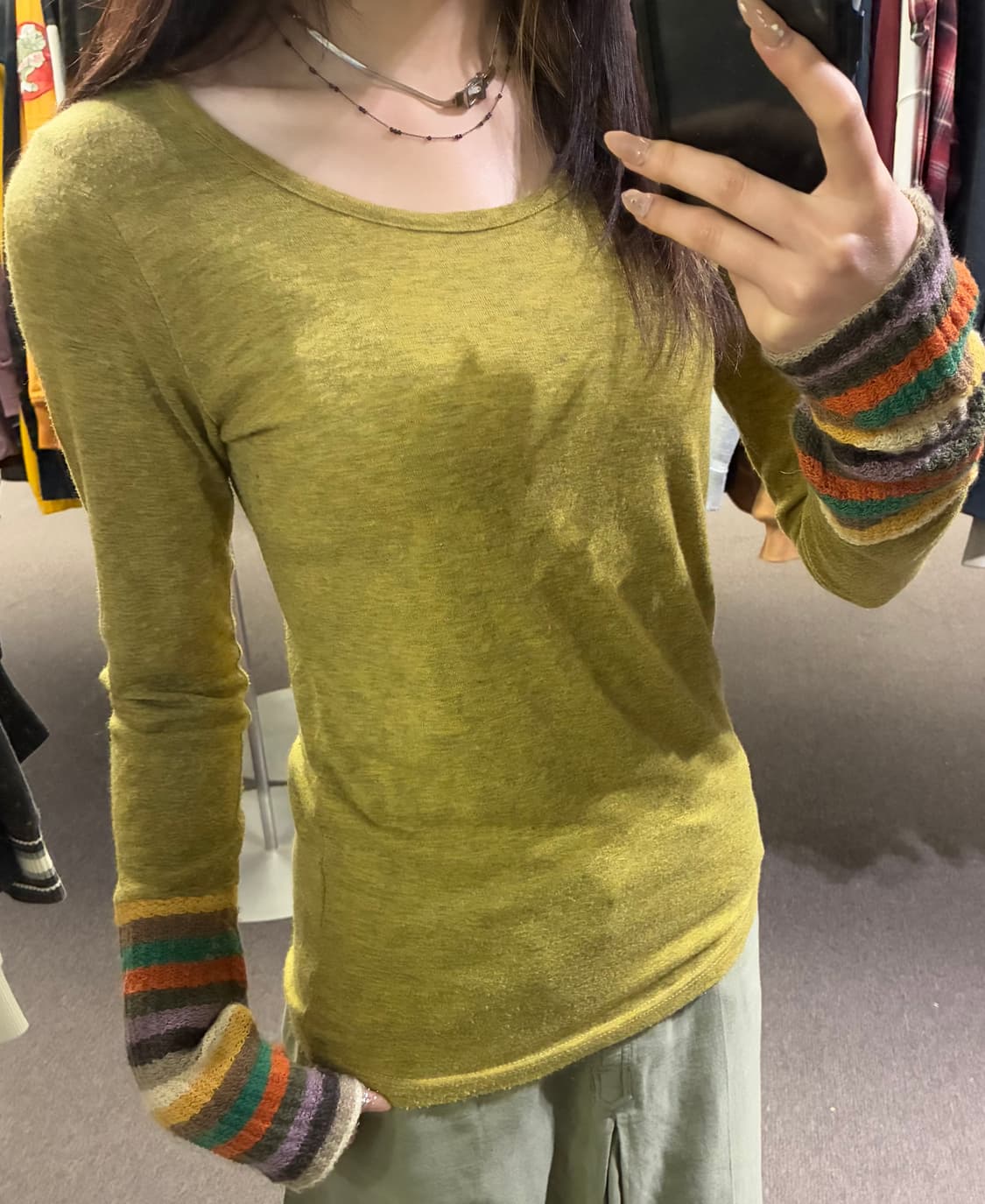 OS)Japanese vintage 여성 니트 소매 배색 롱 슬리브 상품이미지1