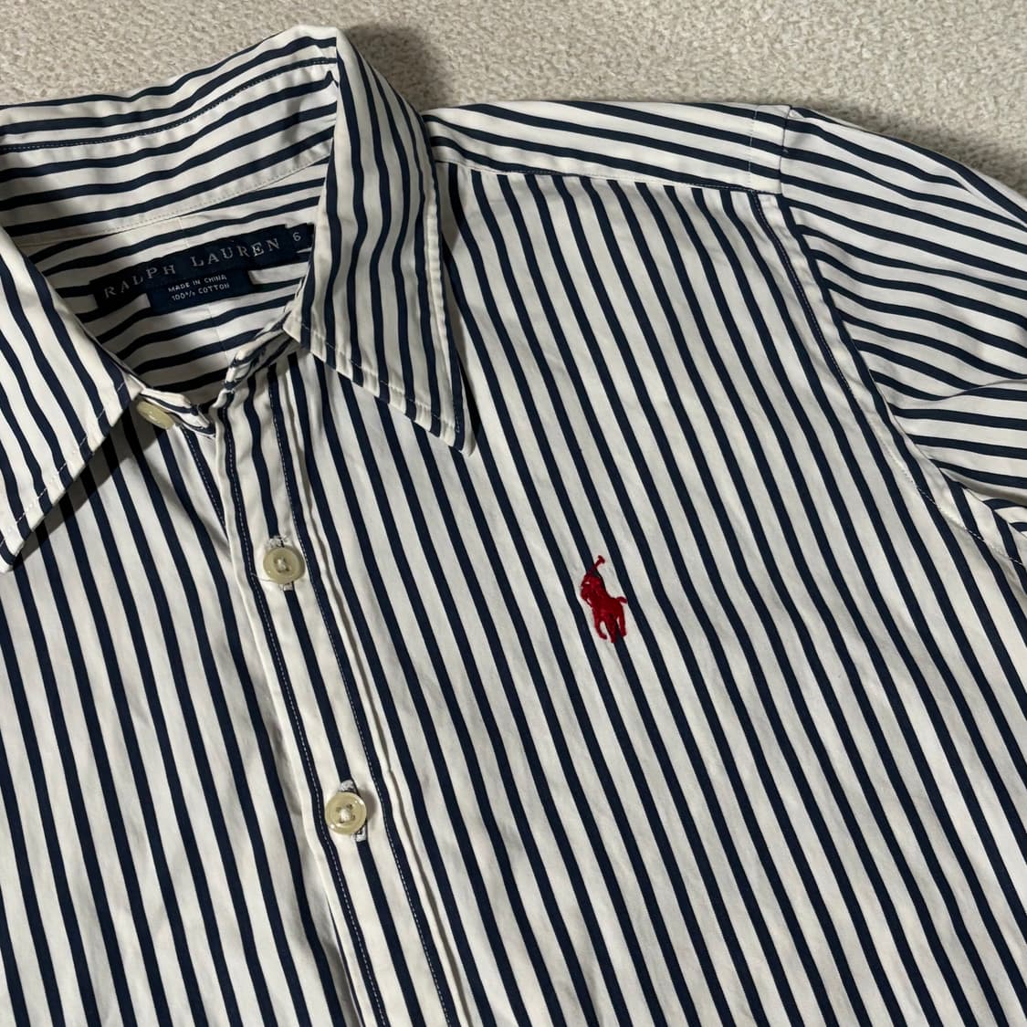 빈티지 랄프로렌 네이비 스트라이프 레드 스몰로고 셔츠 상품이미지2