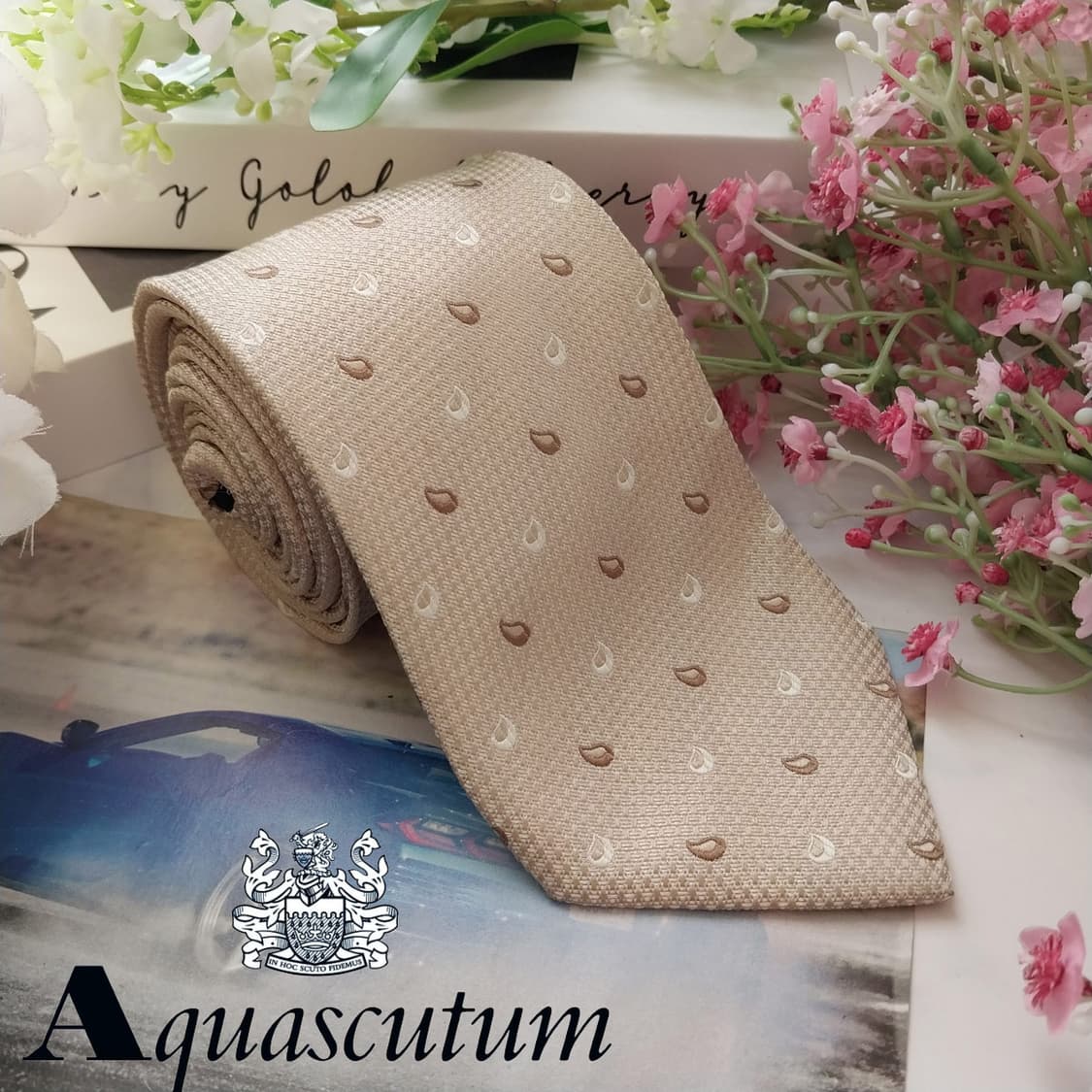 아쿠아스큐텀 실크 베이지 워터드롭 넥타이 8.5cm A등급 K1568 상품이미지1