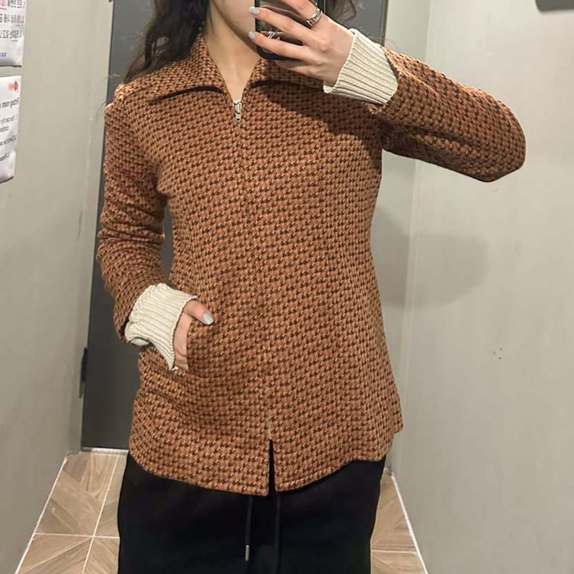 JPN VINTAGE 카라넥 집업 자켓 하운드투스 체크 패턴 디테일 주황 상품이미지5