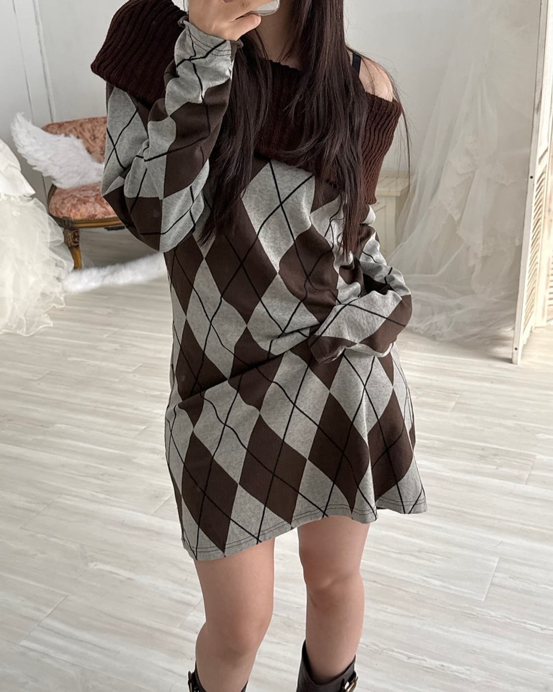 Brown argyle off-shoulder dress  상품이미지6
