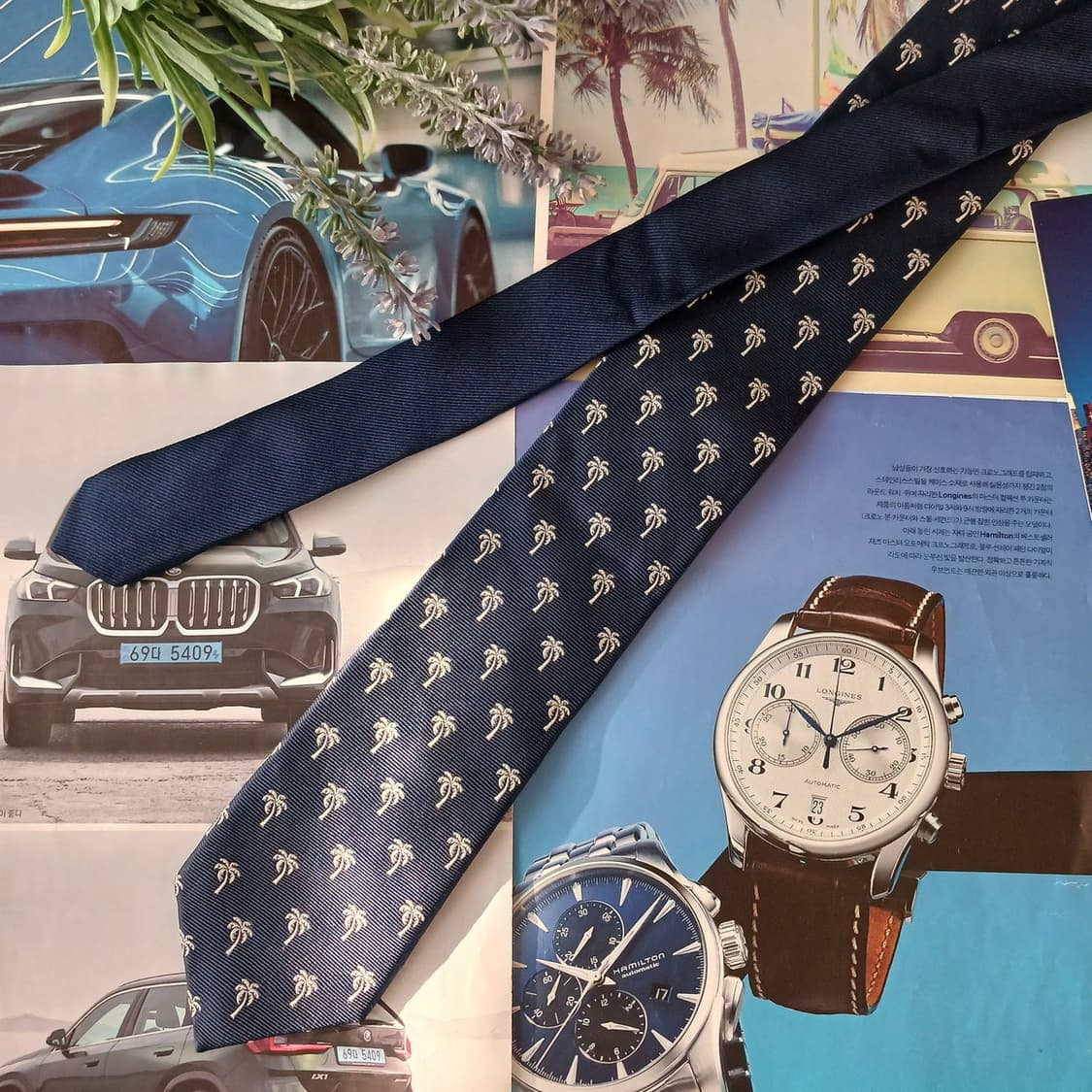 타미 힐피거 실크 네이비 팜트리 패턴 넥타이 7cm A+등급 A19091 상품이미지3