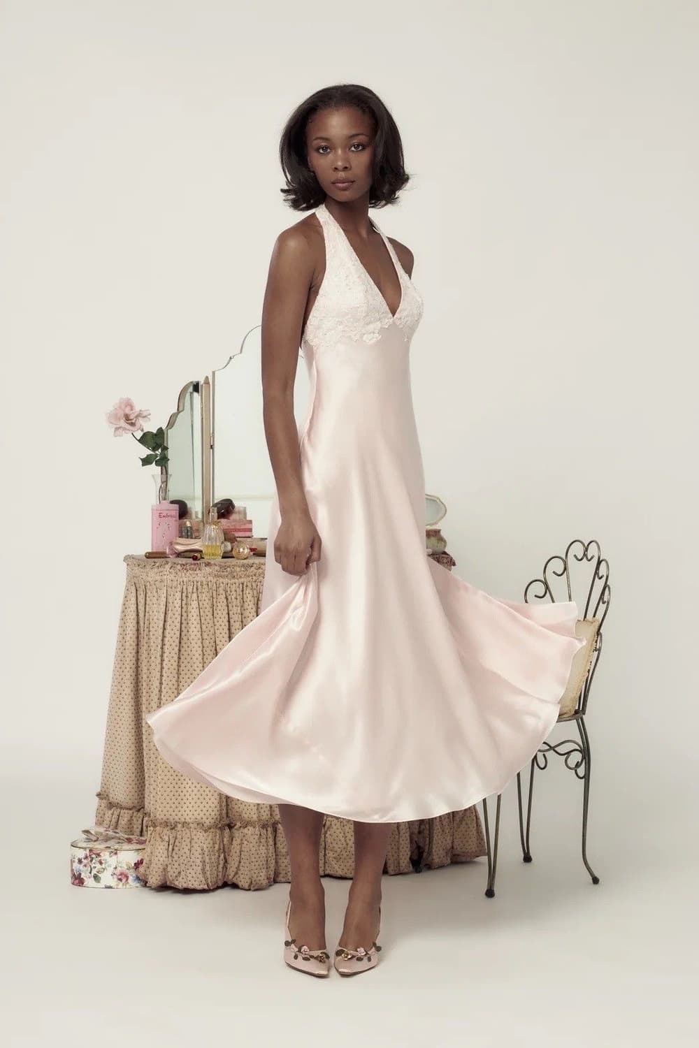 미러 팔레 핑크 레이스 홀터넥 실크 롱 원피스 셀프웨딩스냅브라이덜샤워 상품이미지2