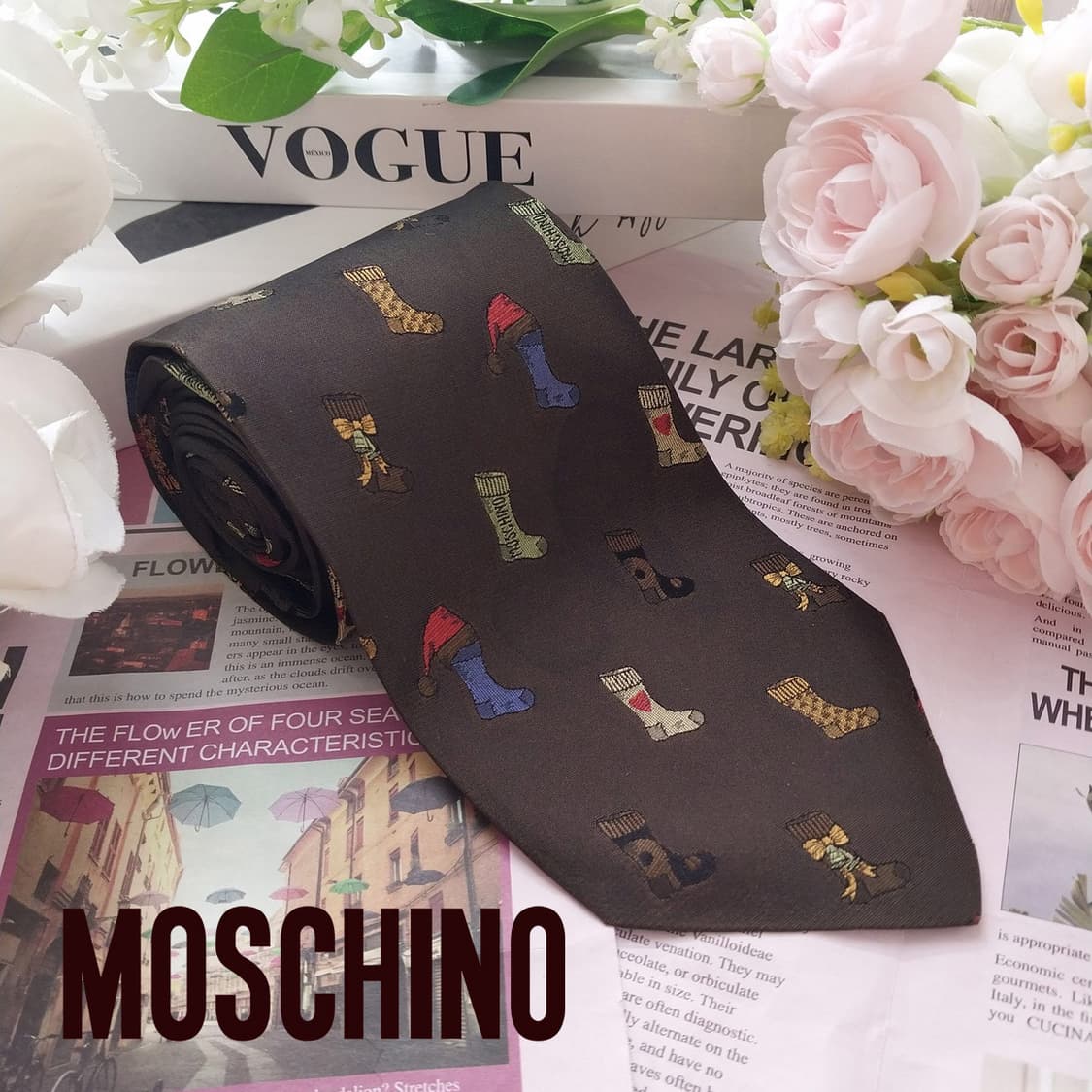 모스키노 실크 브라운 양말 패턴 넥타이 9.4cm B등급 K1996 상품이미지2