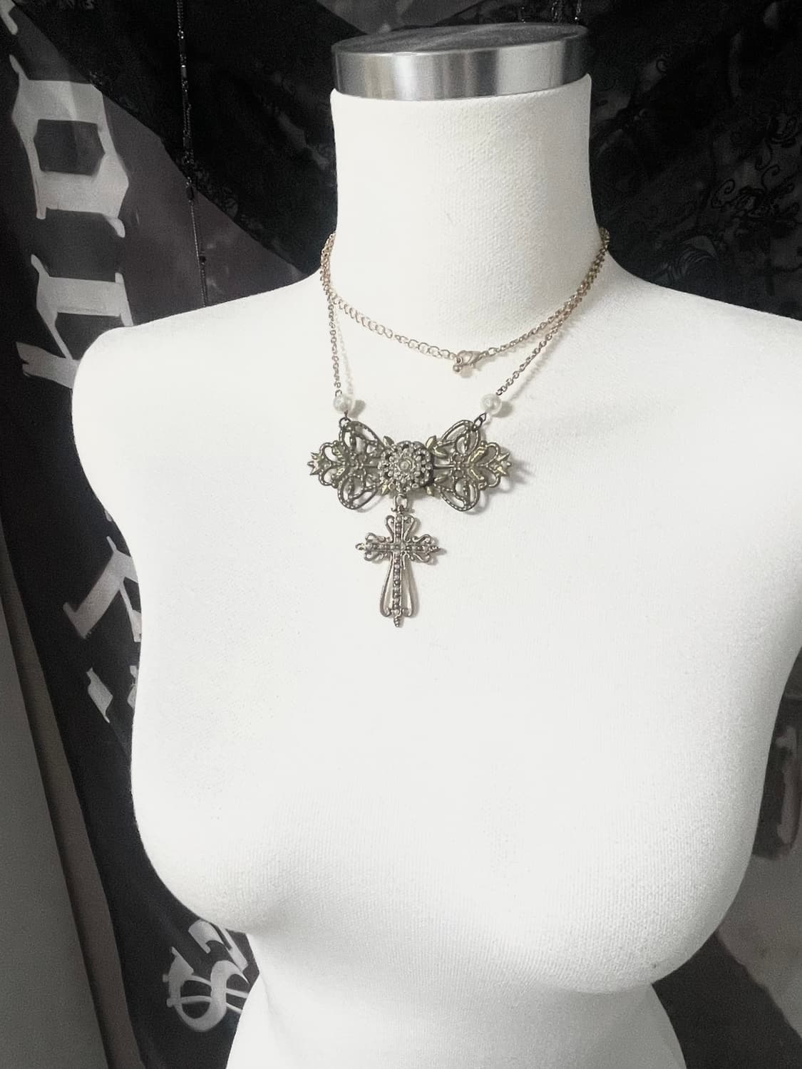 빈티지 앤틱 크로스 십자가 진주 오리엔탈 골드 펜던트 목걸이 상품이미지3