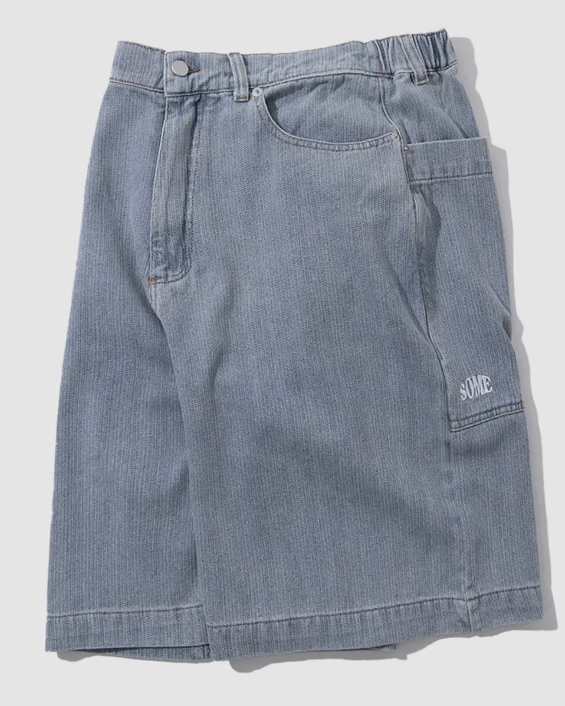 썸플레이스 스트라이프 버뮤다 와이드 자수 하프 데님 팬츠 [연청] 상품이미지1