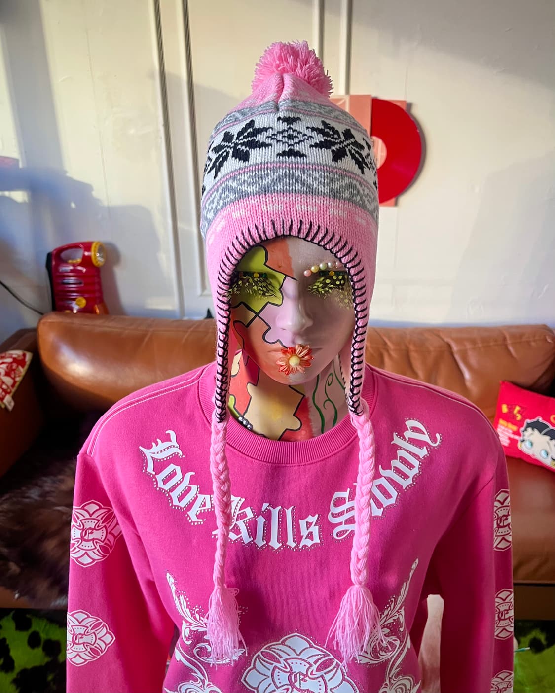 JPN Vintage Pink Ear-Muff Knit Beanie 상품이미지2