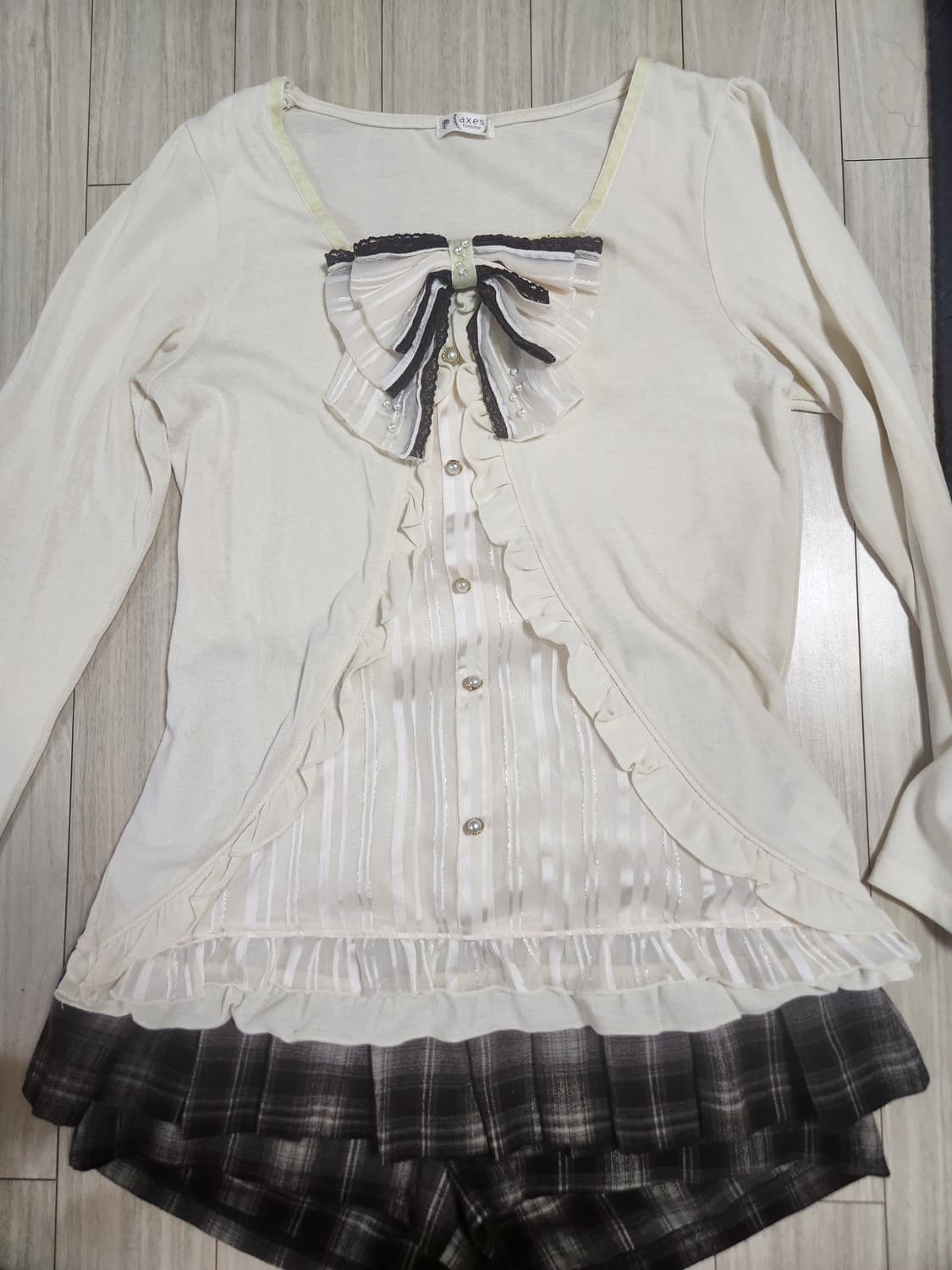 액시즈팜 리본 티셔츠 체크 스커트 세트 히메갸루 핀터깔 라떼갸루 리즈리사 상품이미지1