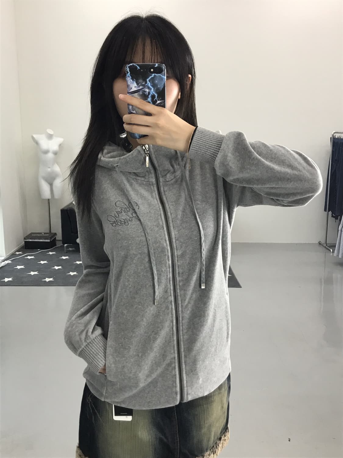 Olivia Hassler Grey Velvet Hoodie zip up 상품이미지2