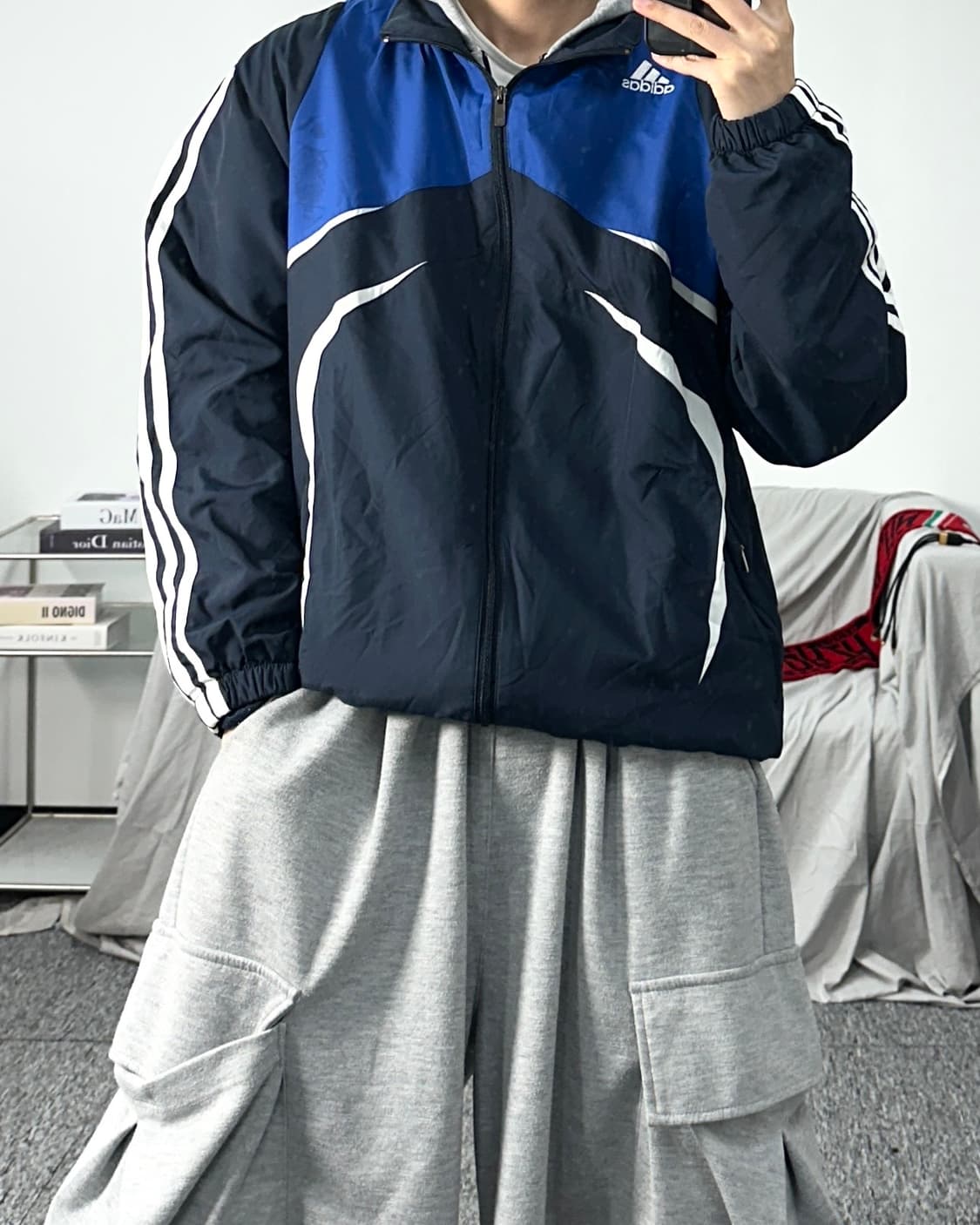 아디다스 블루 배색 삼선 바람막이 L 상품이미지3