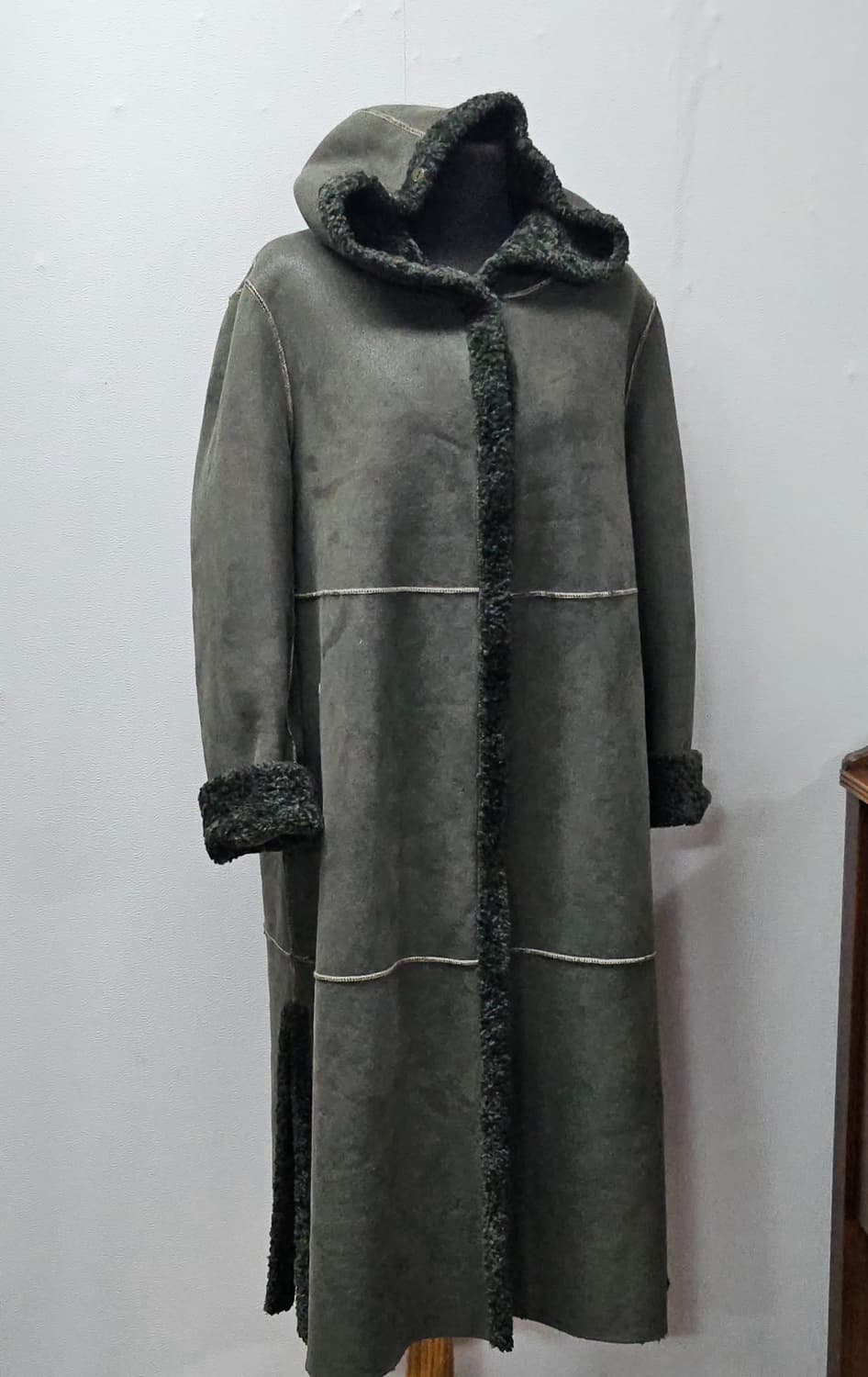 후드 양면 무스탕 롱 코트 그린 L 상품이미지1