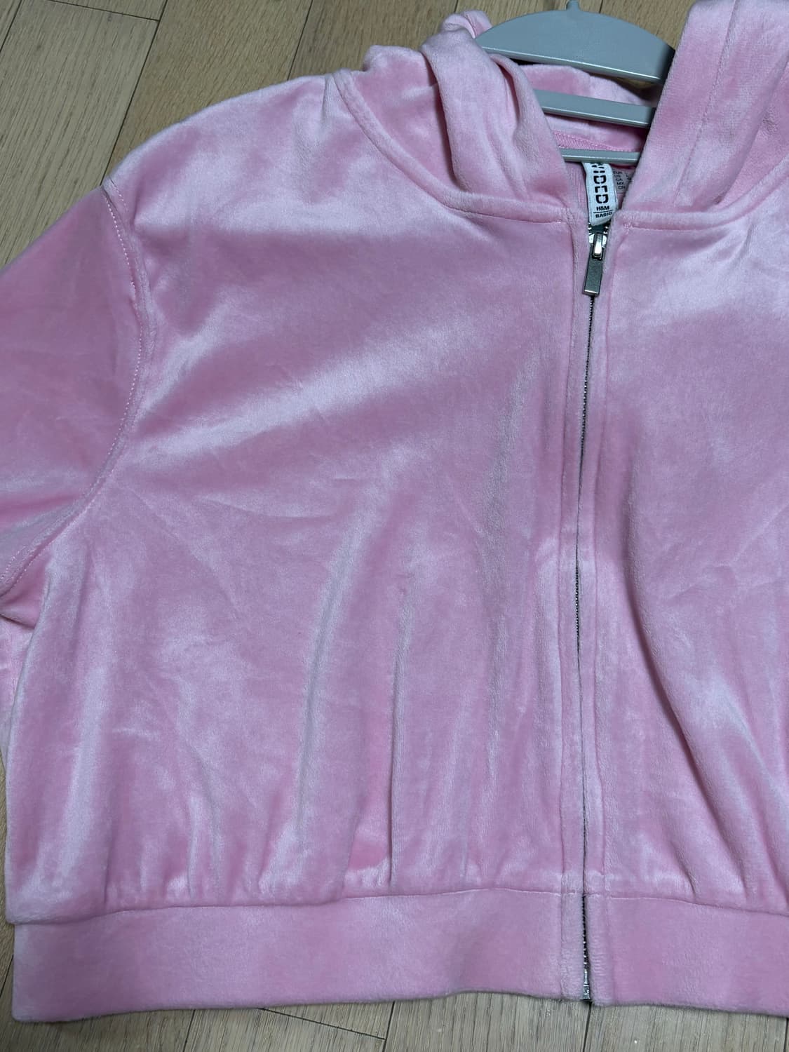 H&M 핑크 벨벳 크롭 후드집업 L 상품이미지2
