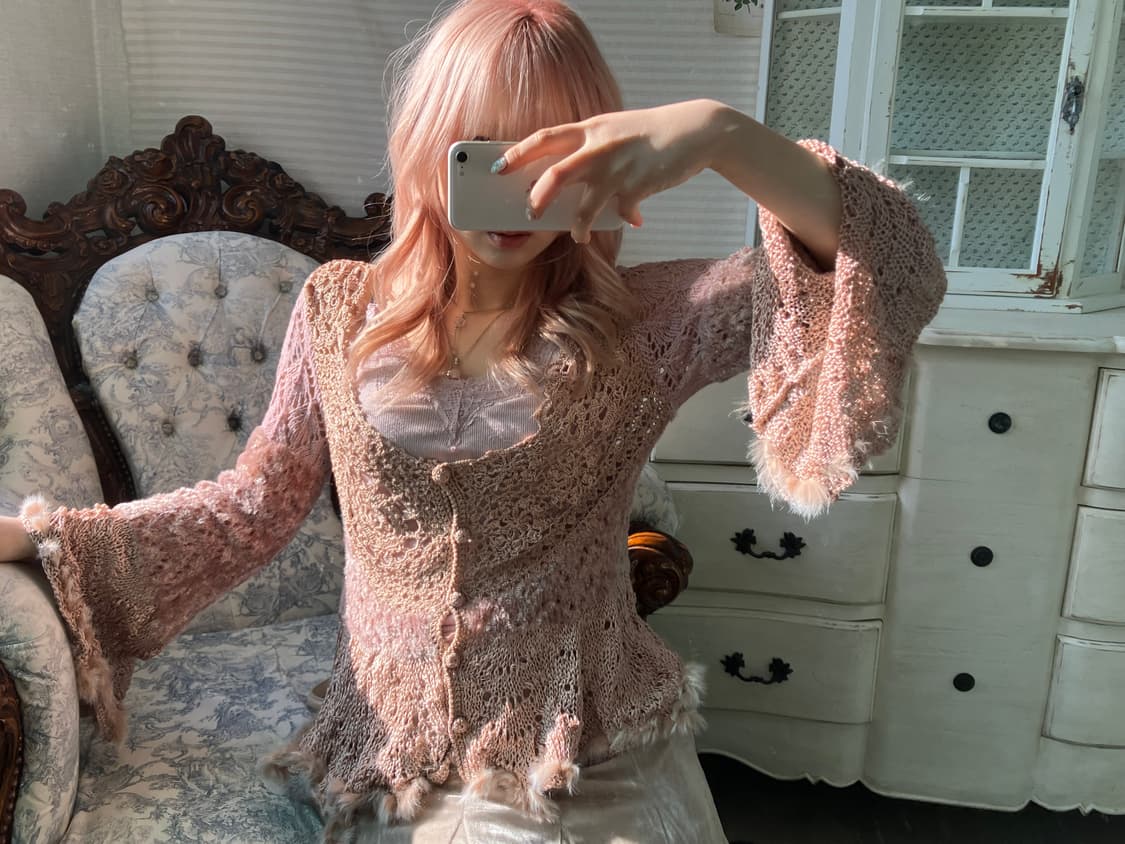 페어리 핑크 퍼 트리밍 아카이브 레이스 니트 가디건 상품이미지1