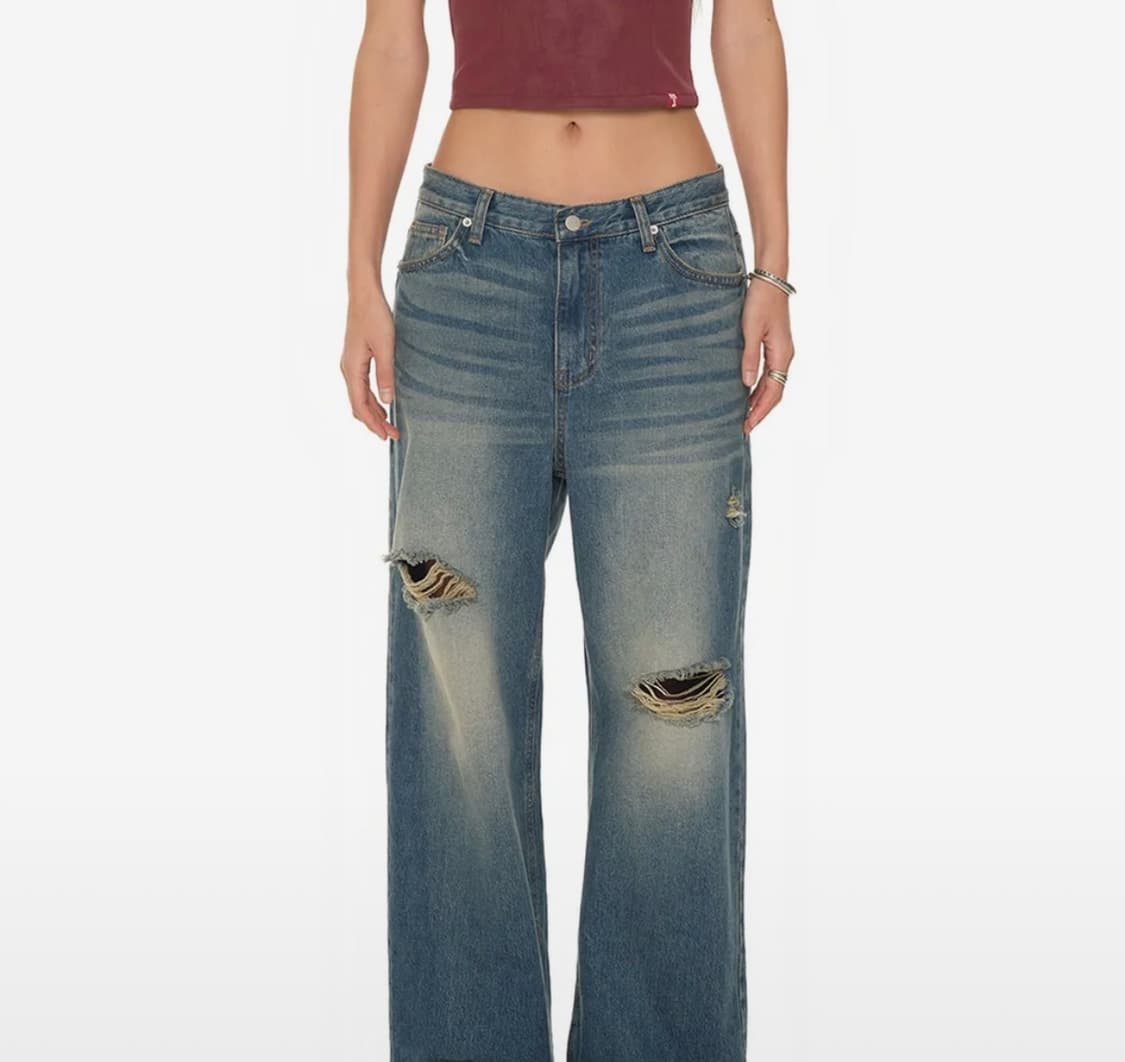 투머치택스 로우라이즈 데미지 데님 빈티지 블루 상품이미지1