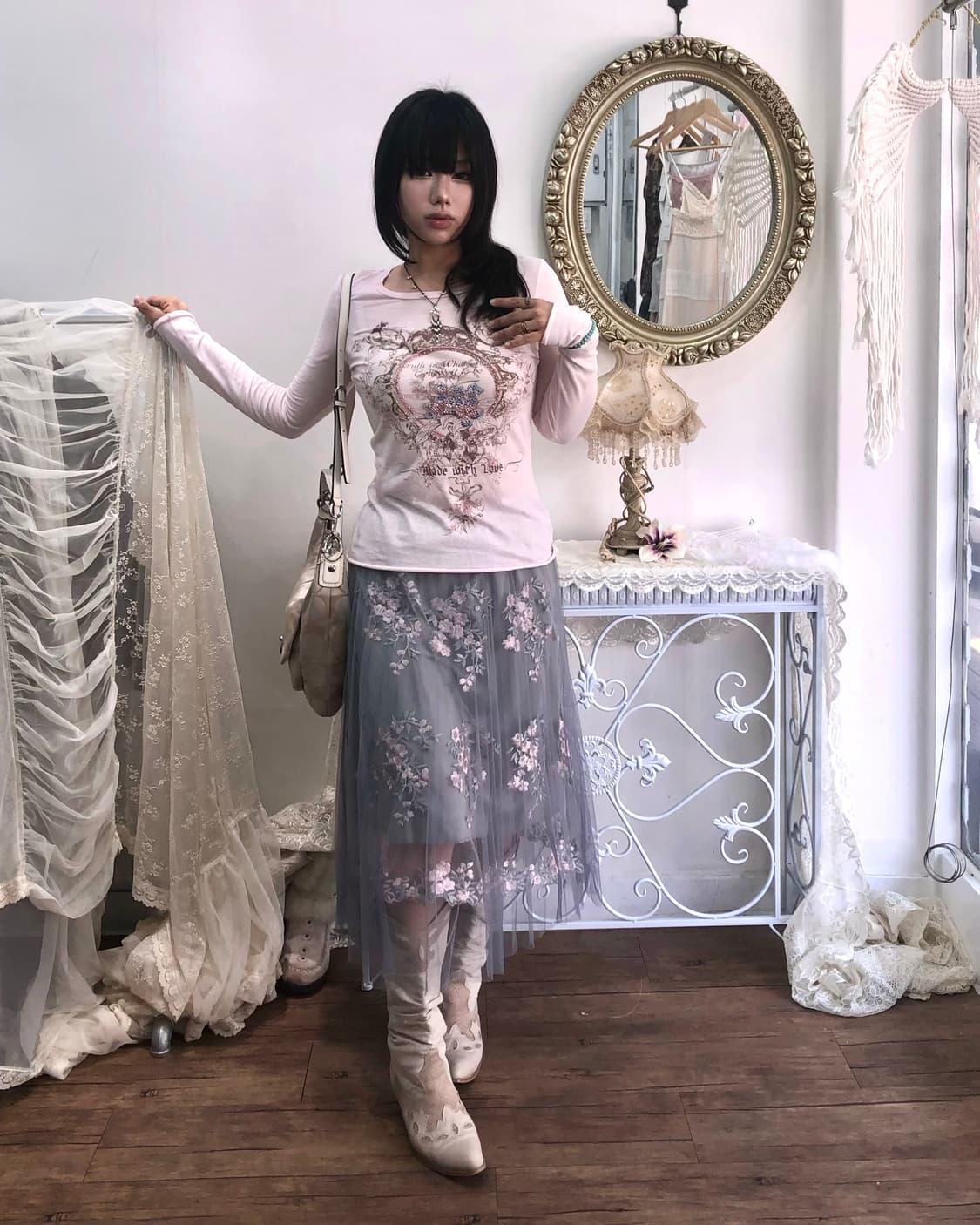 pink floral embroidery charcoal tulle sk 상품이미지4
