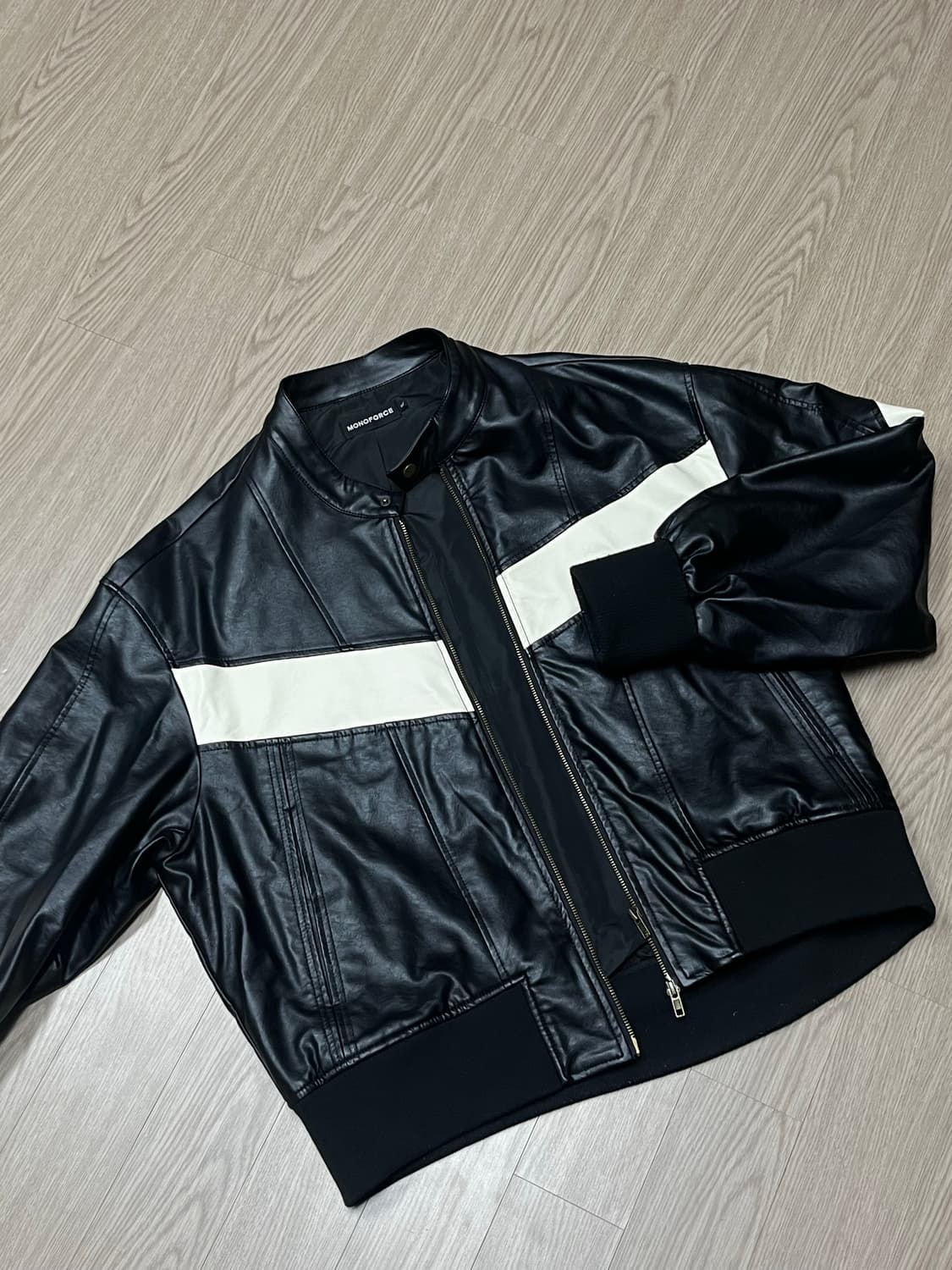 오버핏 배색 차이나카라 가죽자켓 상품이미지1