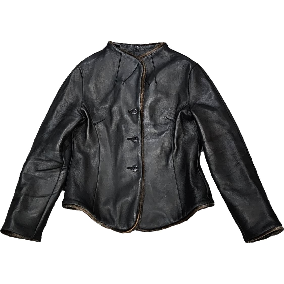 빈티지 모피 트리밍 쓰리버튼 슬림 양가죽 자켓 레더자켓 상품이미지1