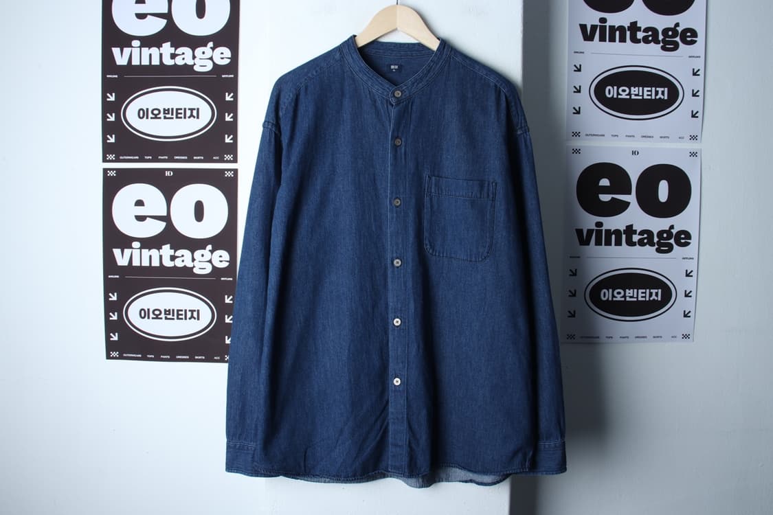 (XL-2XL) 유니클로 셔츠 남방 차이나넥 데님 청 무지-H32004 상품이미지2