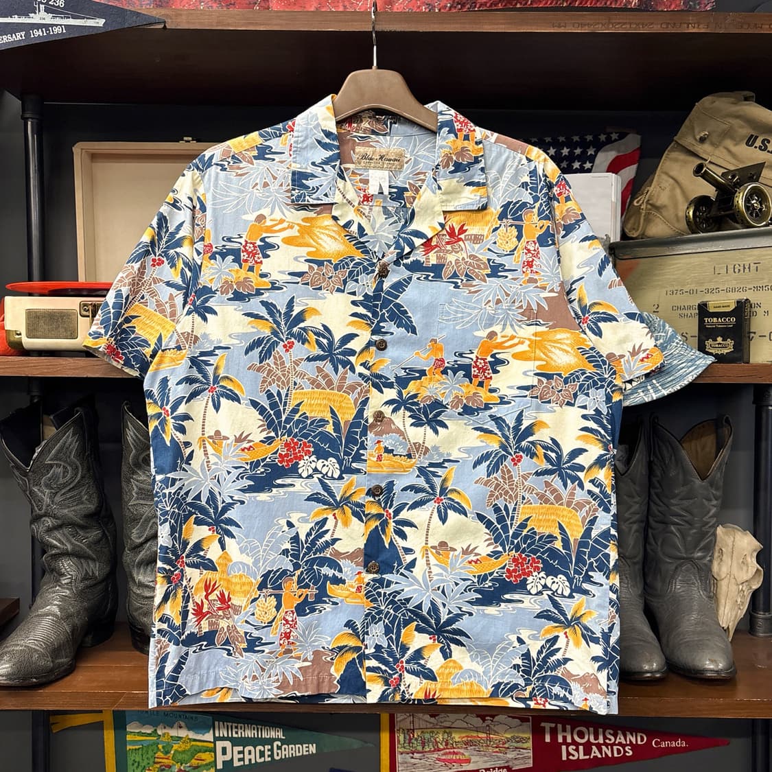 90s 블루하와이 폴리네시아 테마 프린팅 알로하셔츠 N1274 상품이미지1