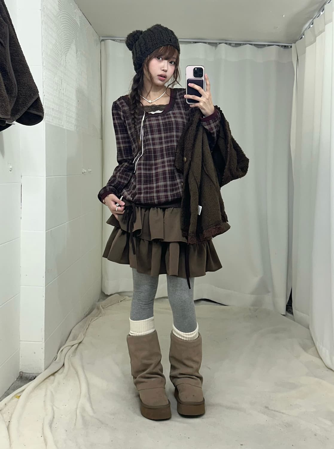 액시즈팜 초코브라운 레이스 블레이저 니혼진 코디세트 상품이미지3