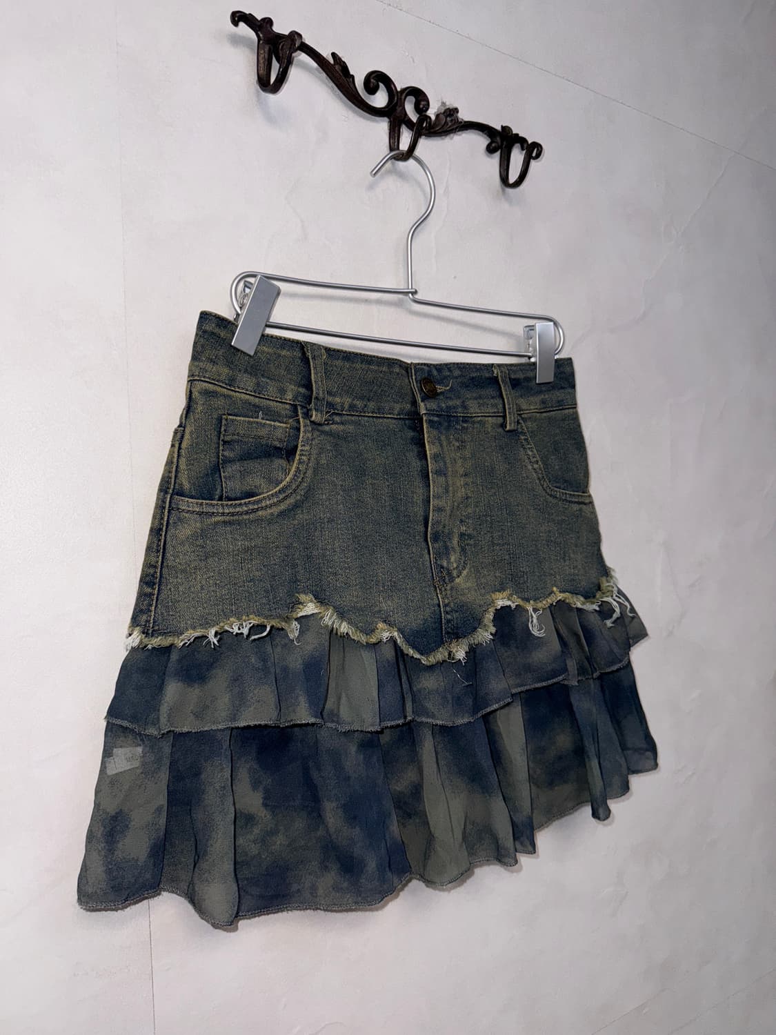 Denim tie dye chiffon cancan layered sk 상품이미지2